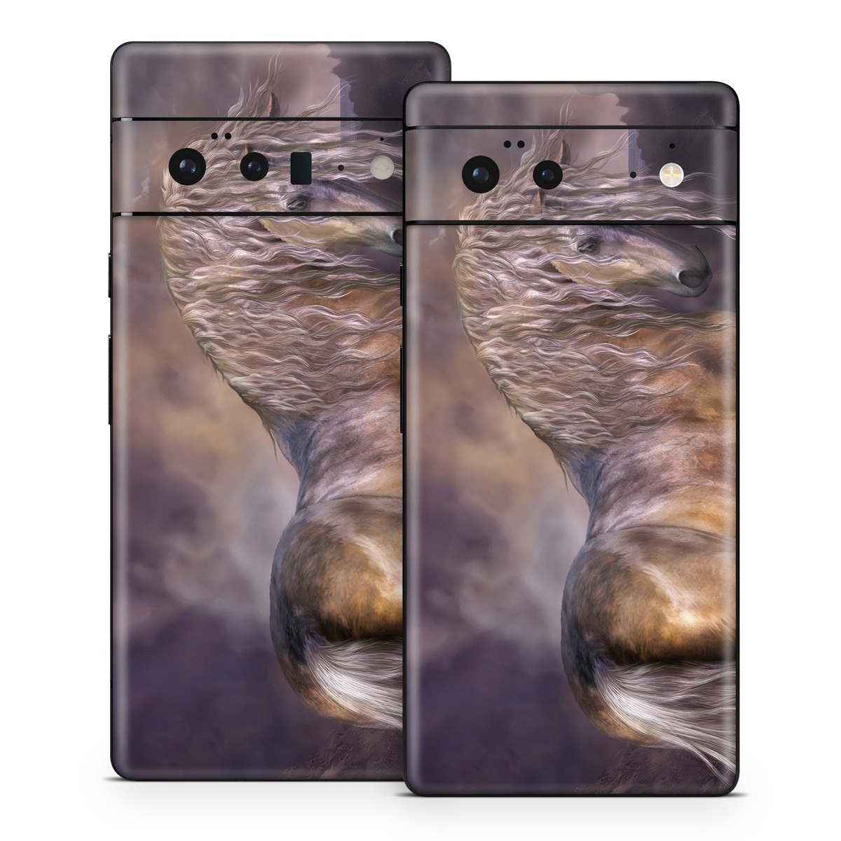 Google Pixel 6 Series Skin design of Horse, Mane, Stallion, Mustang horse, Fictional character, Mare, Painting, Wildlife, Mythical creature, with black, gray, red, blue, green colors