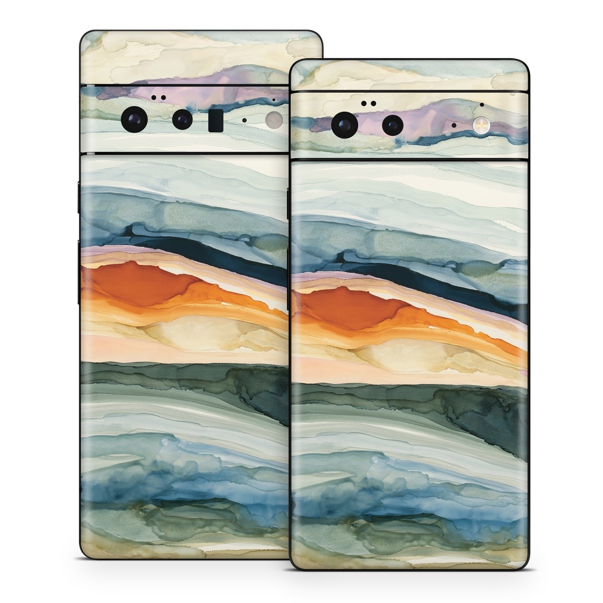 Google Pixel 6 Series Skin design of Watercolor paint, Painting, Sky, Wave, Geology, Landscape, Pattern, Acrylic paint, Cloud, Paint, with blue, purple, orange, yellow, red, green, brown colors