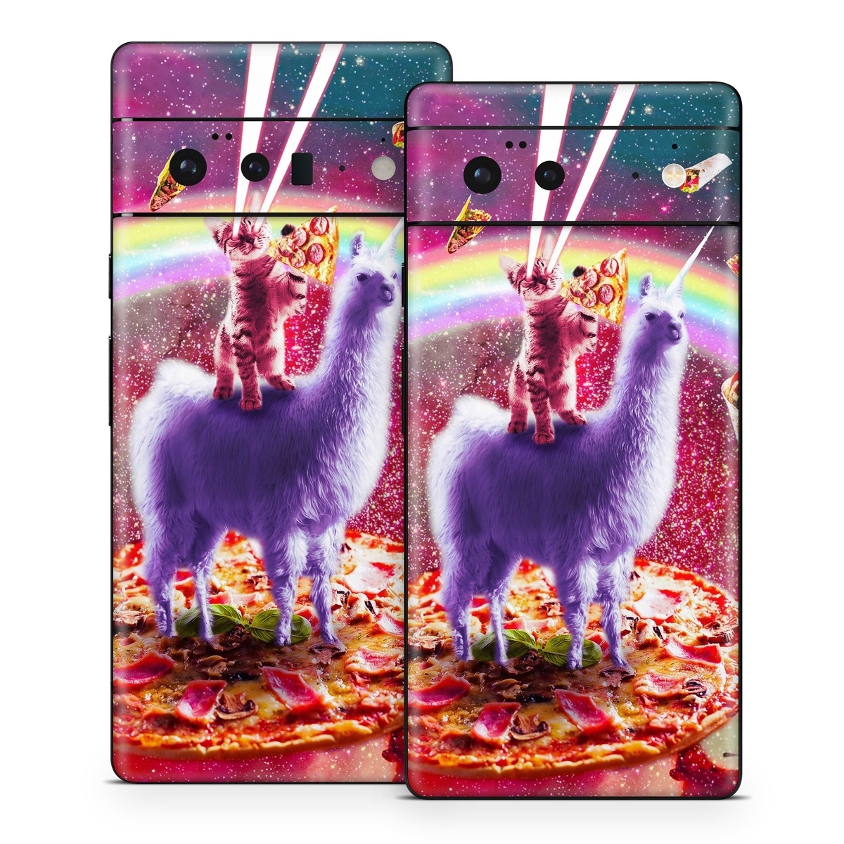 Google Pixel 6 Series Skin design of Llama, Unicorn, Fictional character, Illustration, Graphic design, Livestock, Camelid, Mythical creature, Graphics, Art, with red, white, yellow, gray, purple, blue, green colors