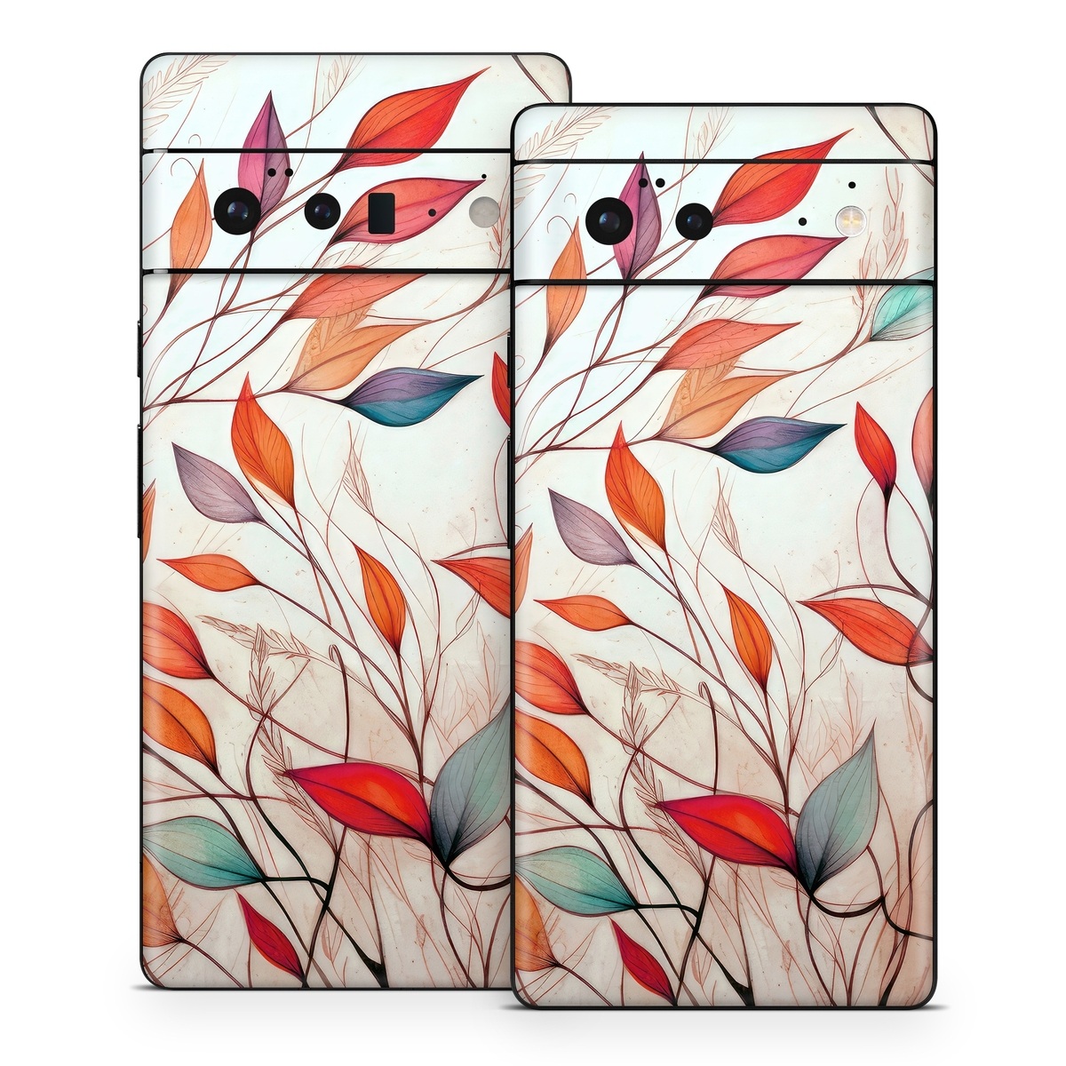 Google Pixel 6 Series Skin design of Plant, Vertebrate, Art paint, Nature, Botany, Leaf, Branch, Twig, Textile, Orange, with yellow, orange, red, white, brown, blue colors