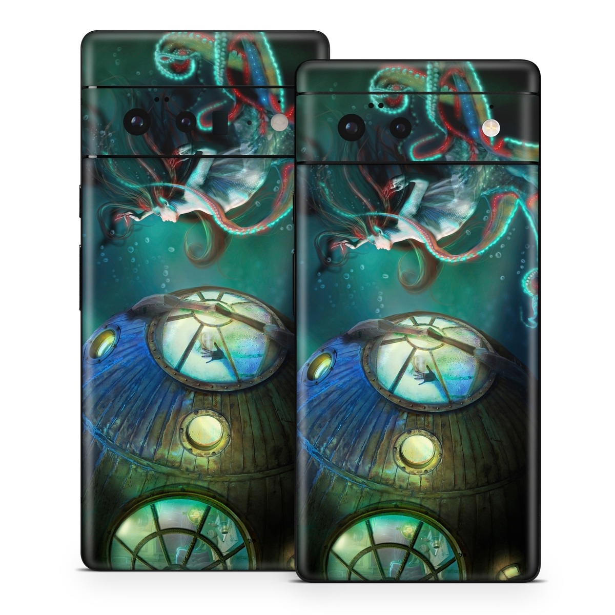Google Pixel 6 Series Skin design of Cg artwork, Illustration, Art, Fictional character, Fiction, Space, Fractal art, Graphic design, Mythology, Graphics, with black, gray, blue, green colors