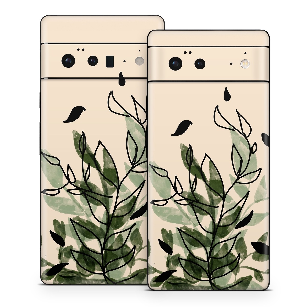 Google Pixel 6 Series Skin design of Leaf, Plant, Botany, Branch, Flower, Plant Stem, Pedicel, Twig, Illustration, with green, black, brown colors