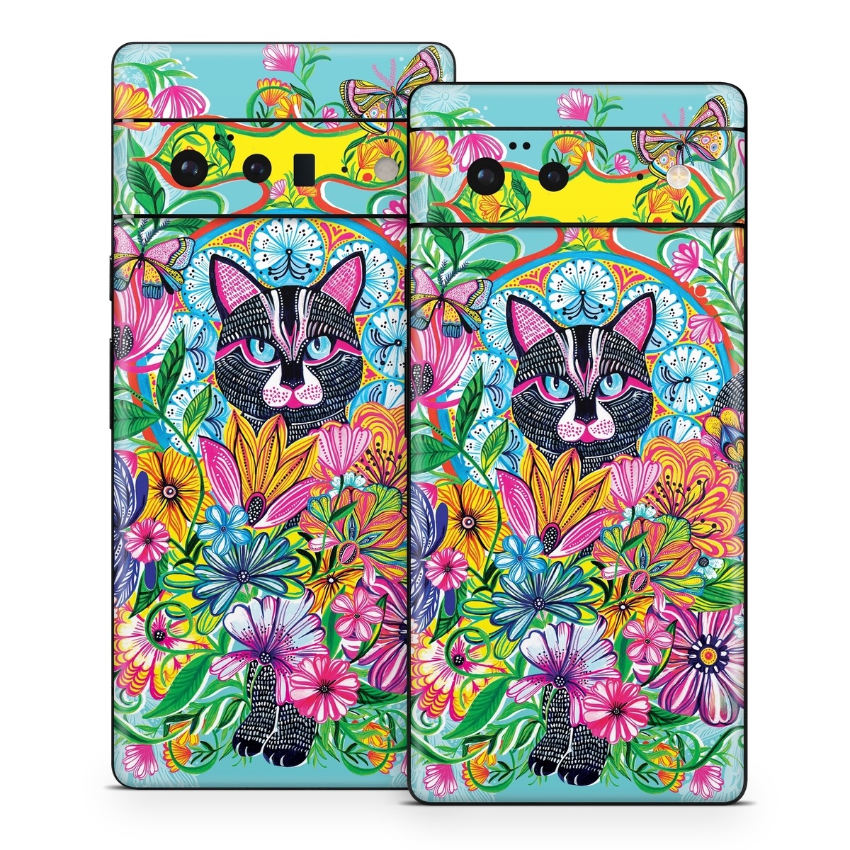 Google Pixel 6 Series Skin design of Visual arts, Art, Plant, Illustration, Pattern, Floral design, Flower, Wildflower, with white, blue, pink, black, green, yellow colors