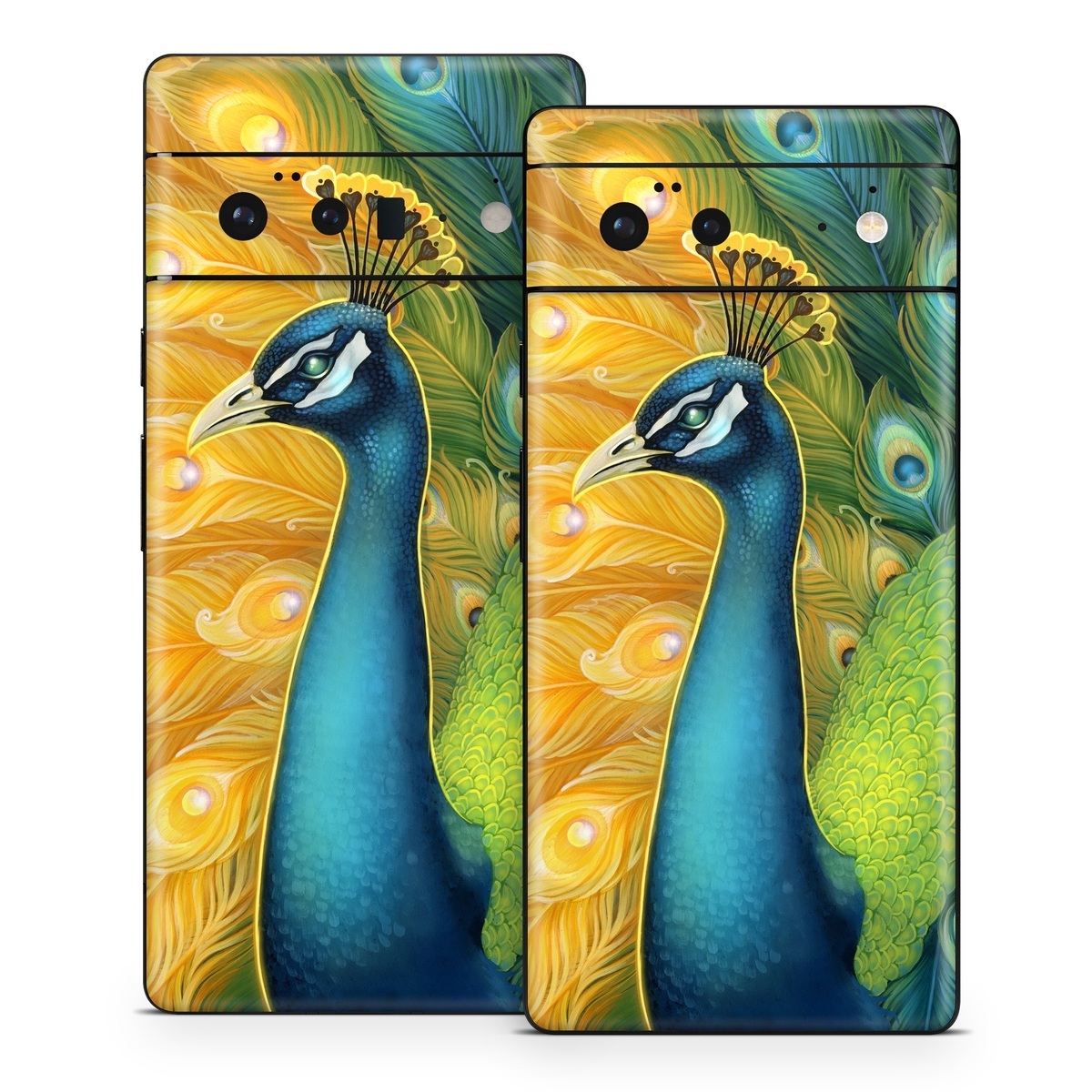 Google Pixel 6 Series Skin design of Bird, Peafowl, Phasianidae, Beak, Organism, Art paint, Galliformes, Art, Feather, Painting, with yellow, orange, green, blue, white, black colors