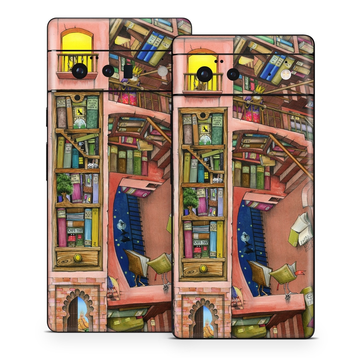 Google Pixel 6 Series Skin design of Cartoon, Building, Art, Architecture, Design, Fun, Retail, Illustration, Neighbourhood, Room, with pink, yellow, blue, red, orange, brown colors