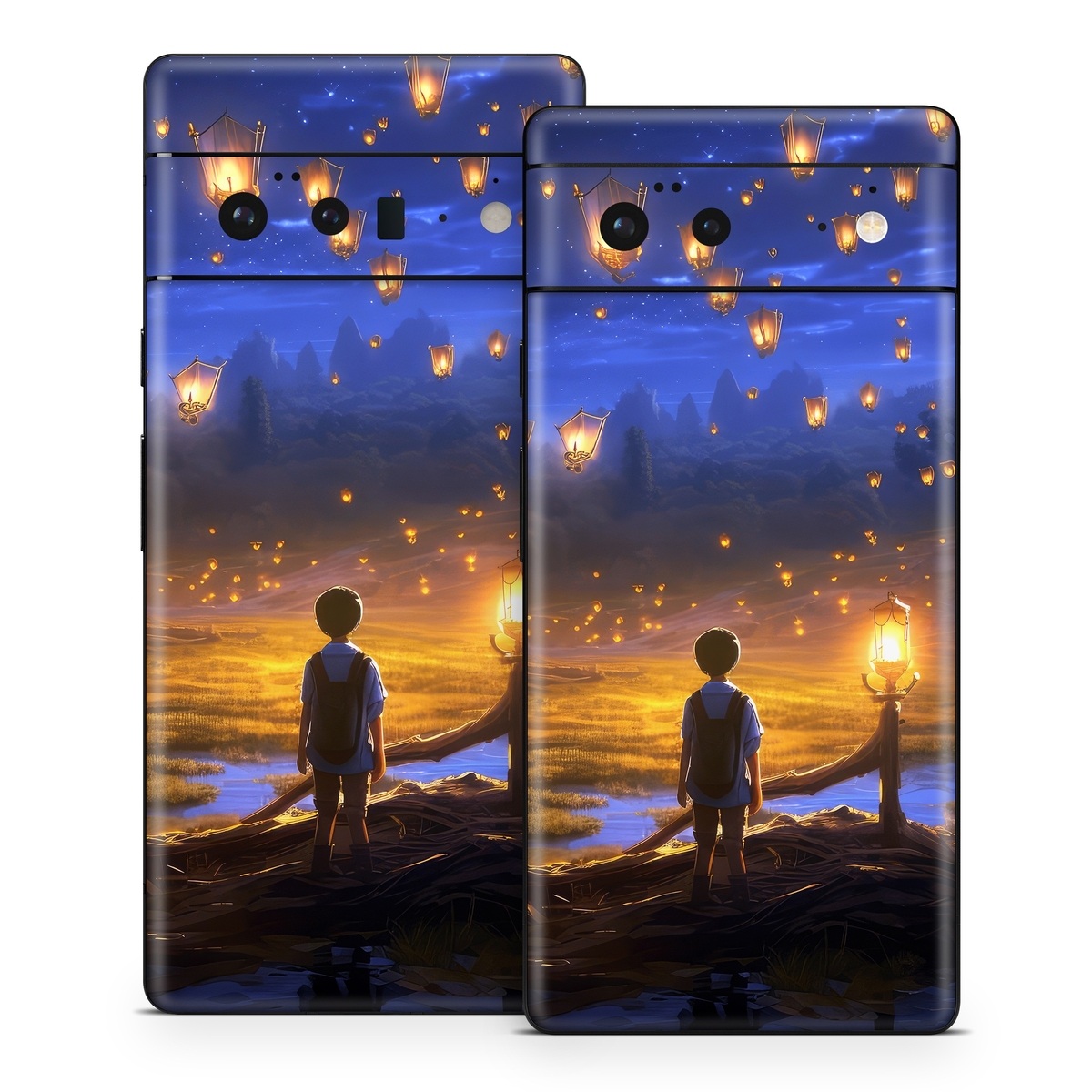 Google Pixel 6 Series Skin design of Cloud, World, Nature, Sky, People in nature, Happy, Flash photography, Natural landscape, Horizon, Heat, with black, blue, orange, yellow, gray, purple, orange, green colors