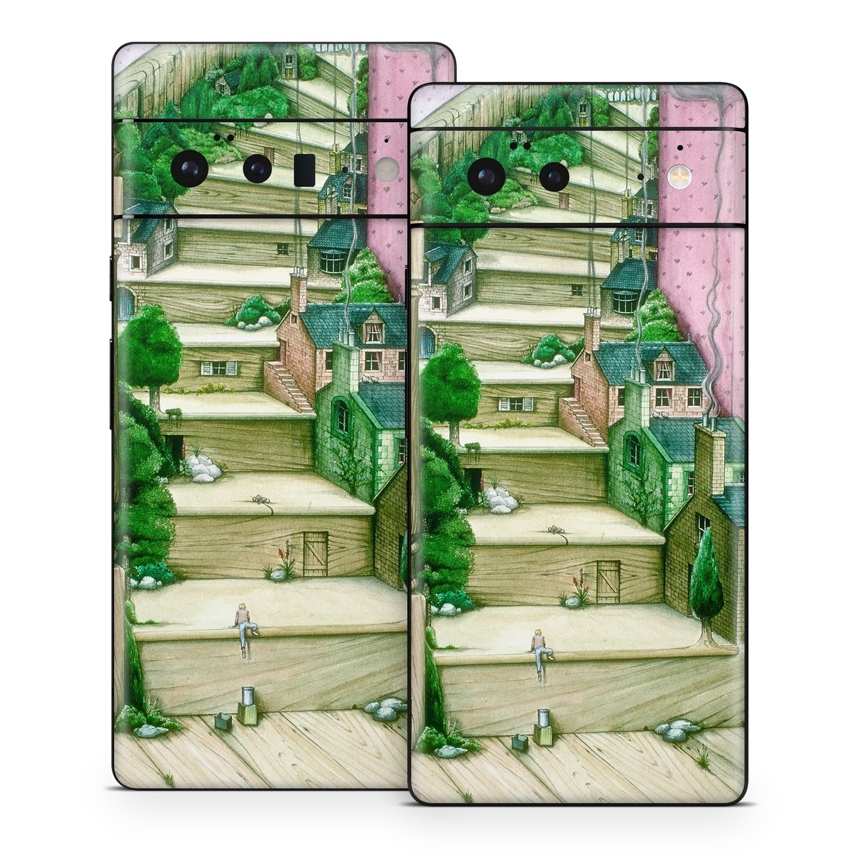 Google Pixel 6 Series Skin design of Green, Stairs, House, Watercolor paint, Home, Illustration, Building, Wood, Plant, Sketch, with pink, green, brown colors