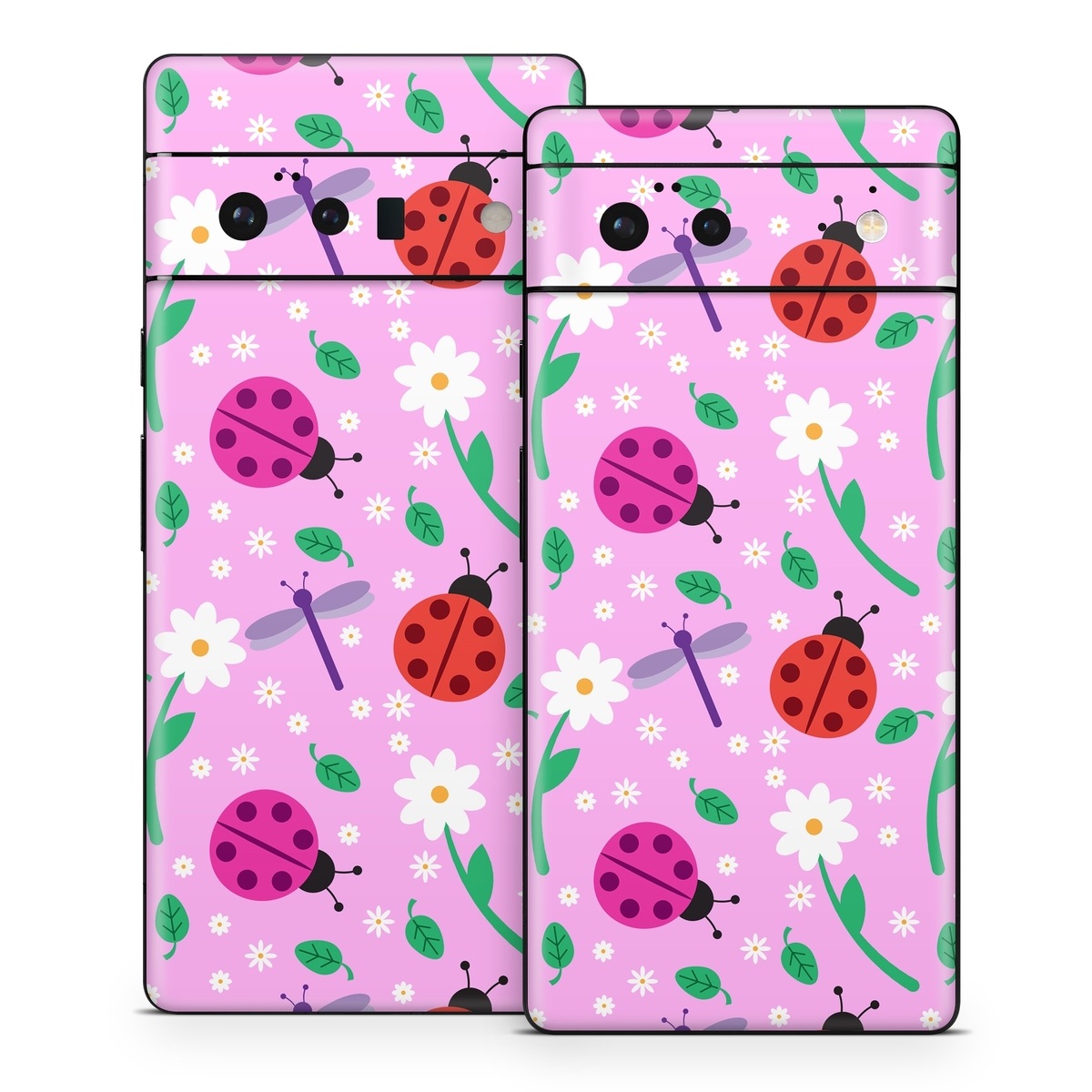 Google Pixel 6 Series Skin design of Pink, Pattern, Design, Magenta, Clip art, Plant, Visual arts, Ladybug, Child art, Illustration, with pink, white, purple, gray, red, blue colors