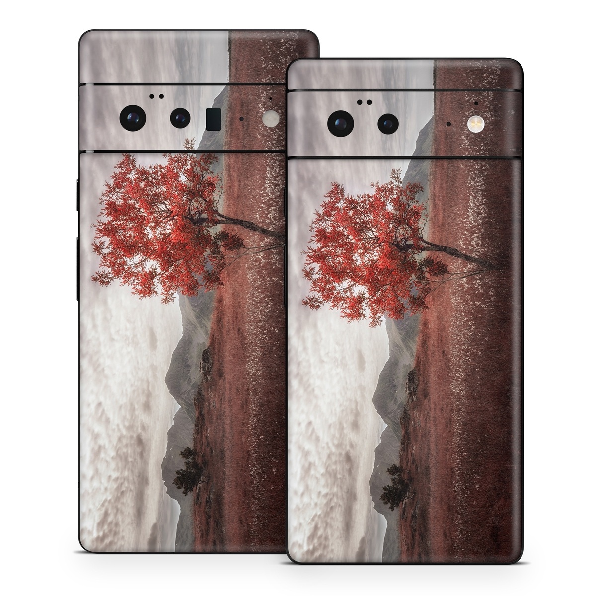 Google Pixel 6 Series Skin design of Natural landscape, Nature, Tree, Sky, Red, Natural environment, Atmospheric phenomenon, Leaf, Cloud, Woody plant, with black, gray, red colors