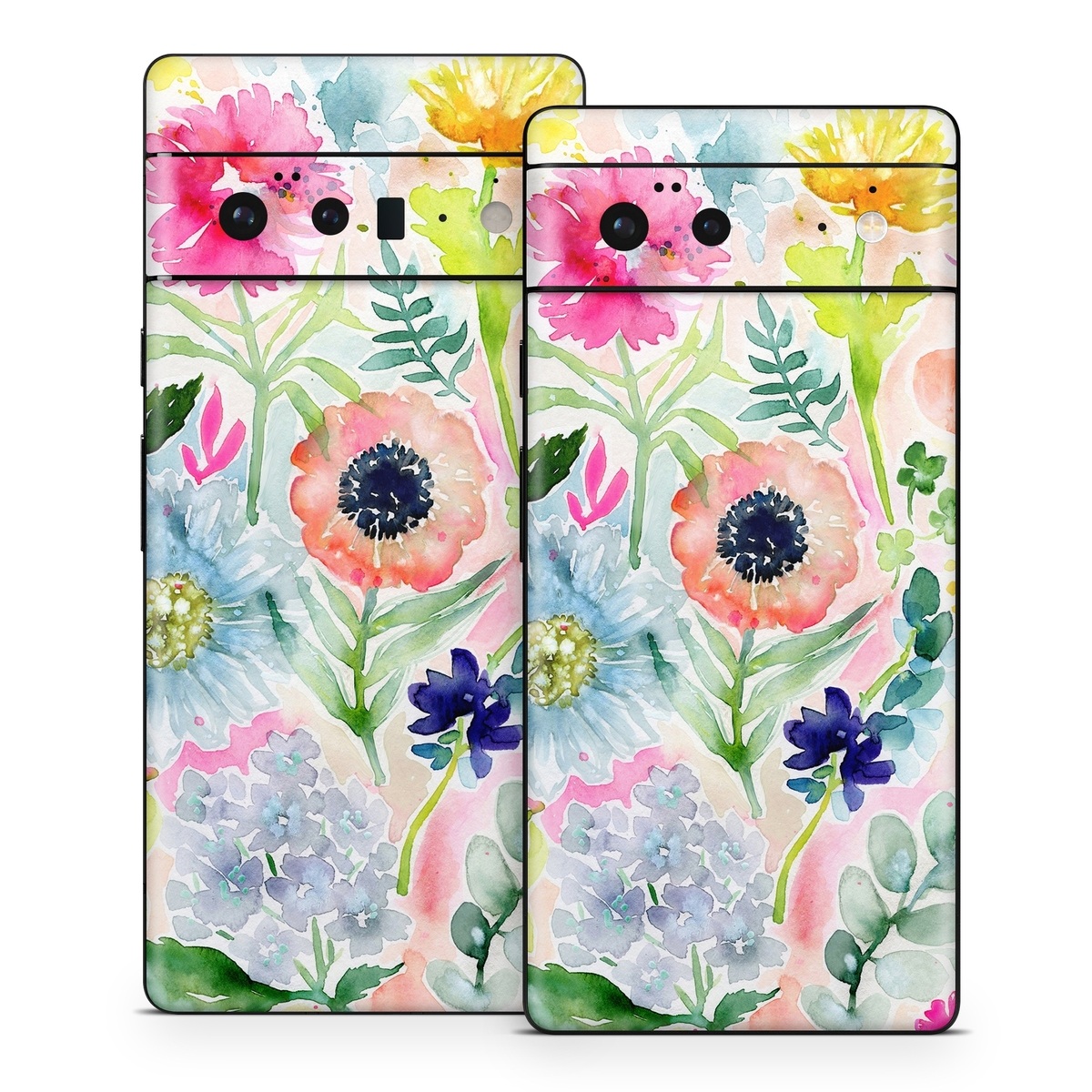 Google Pixel 6 Series Skin design of Flower, Watercolor paint, Plant, Flowering plant, Pattern, Floral design, Botany, Petal, Wildflower, Design, with green, pink, yellow, orange, blue, red, purple colors