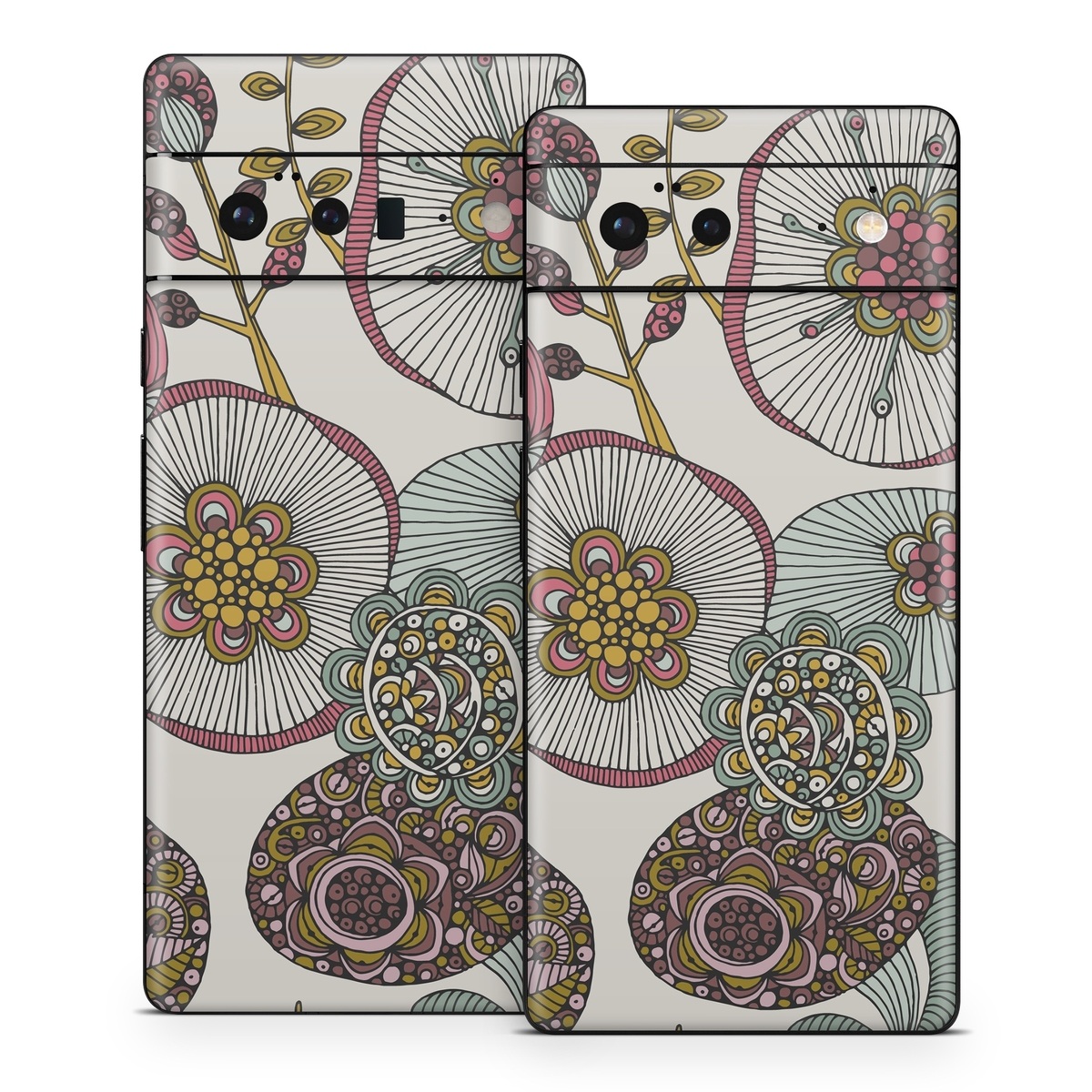 Google Pixel 6 Series Skin design of Pattern, Textile, Botany, Visual arts, Motif, Design, Needlework, Circle, Floral design, with gray, pink, green, blue, purple colors