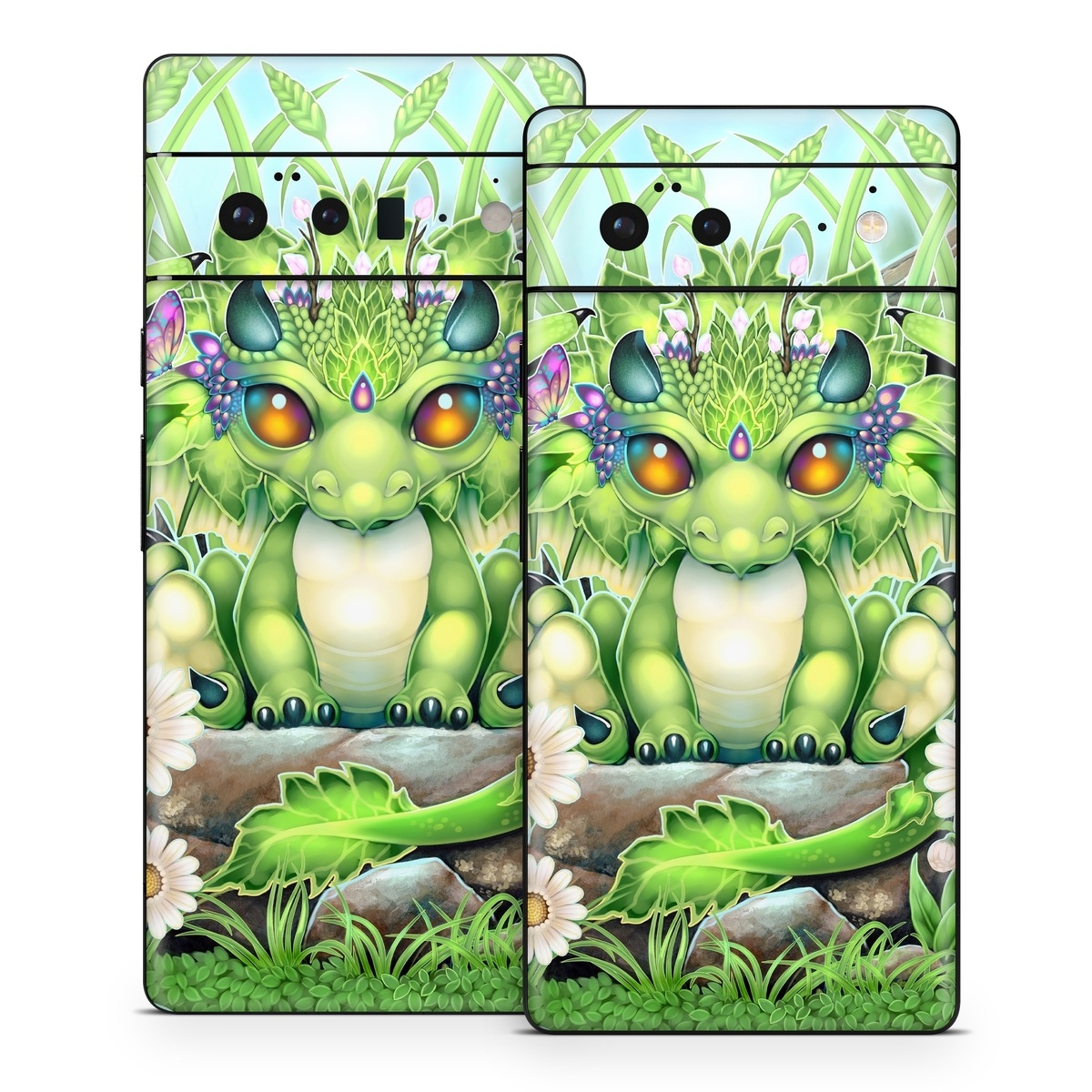 Google Pixel 6 Series Skin design of Plant, Green, Leaf, Natural environment, Flower, Terrestrial plant, Grass, Creative arts, People in nature, Art, with green, white, yellow, brown, blue colors