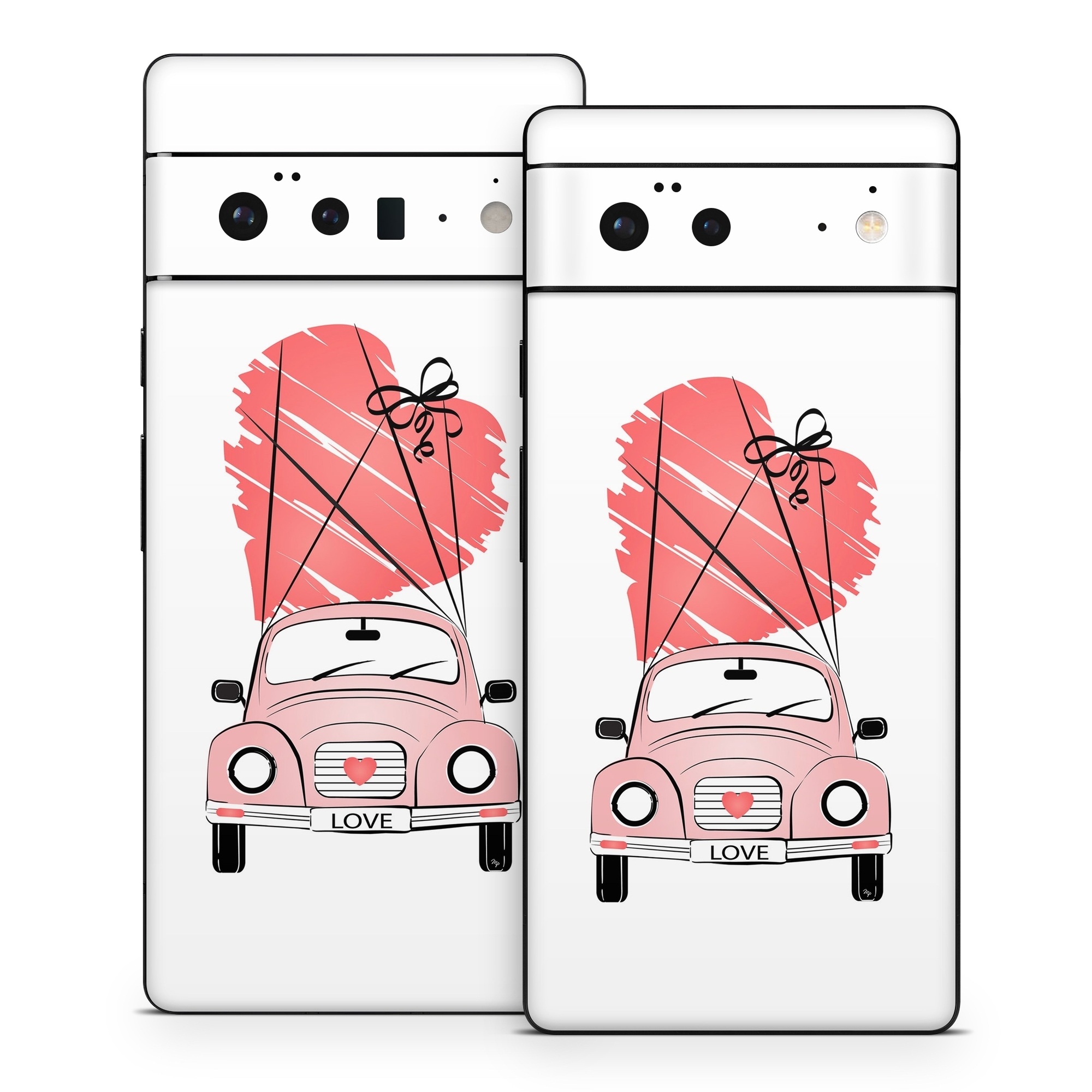 Google Pixel 6 Series Skin design of Land vehicle, Wheel, Vehicle, Tire, Hood, Automotive lighting, Car, Motor vehicle, Kit car, Cartoon, with white, pink, black, red colors