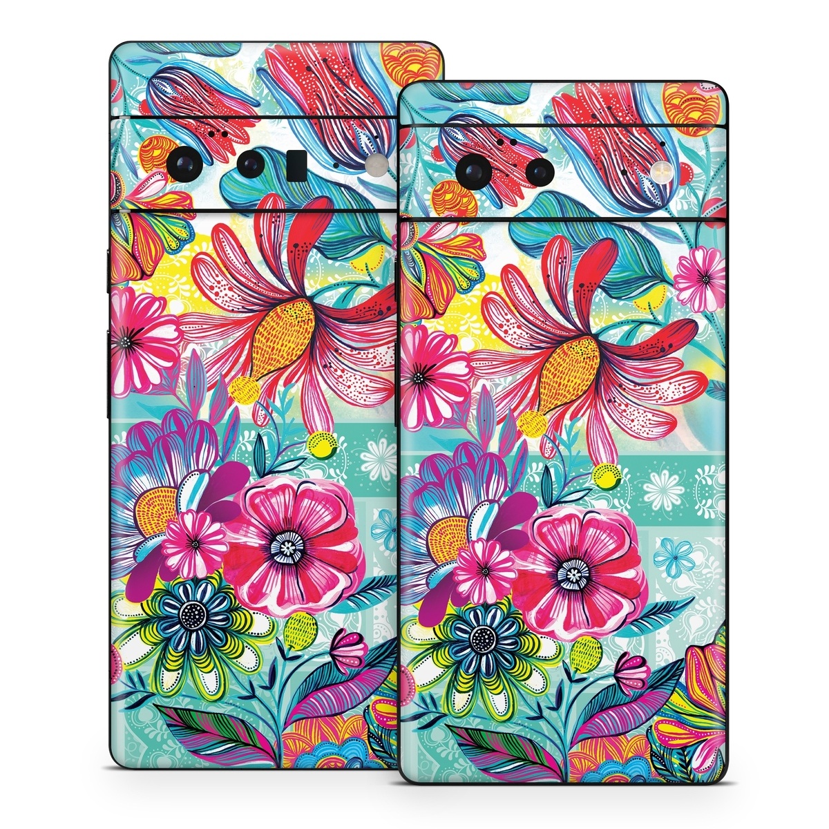 Google Pixel 6 Series Skin design of Pattern, Floral design, Textile, Pink, Design, Flower, Visual arts, Wildflower, Plant, with blue, pink, purple, red, green, yellow, orange colors