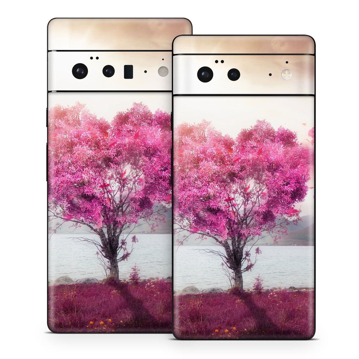 Google Pixel 6 Series Skin design of Sky, Nature, Natural landscape, Pink, Tree, Spring, Purple, Landscape, Cloud, Magenta, with pink, yellow, blue, black, gray colors