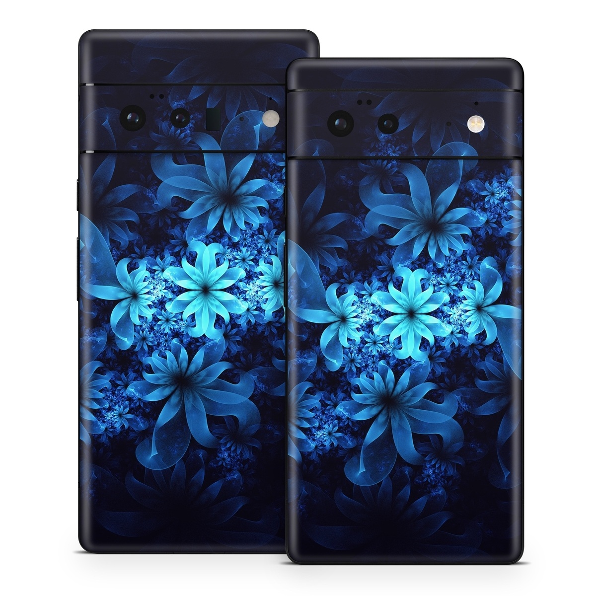 Google Pixel 6 Series Skin design of Nature, Blue, Petal, Organism, Darkness, Flower, Colorfulness, Electric Blue, Majorelle Blue, Pattern, Botany, Still Life Photography, Space, Aquatic Plant, Fractal Art, Visual Arts, Illustration, Symmetry, Midnight, Wildflower, Painting, Still Life, with black, blue, white colors