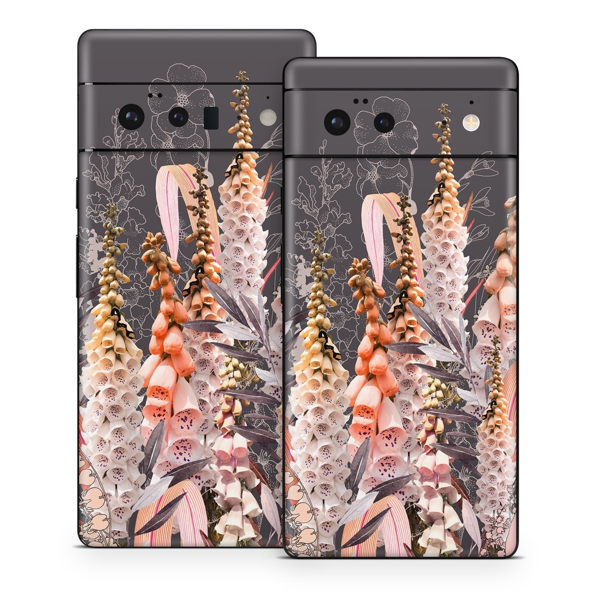Google Pixel 6 Series Skin design of Flower, Plant, Foxtail lily, Botany, Plant stem, Illustration, Broomrape, with brown, pink, white, yellow, orange colors
