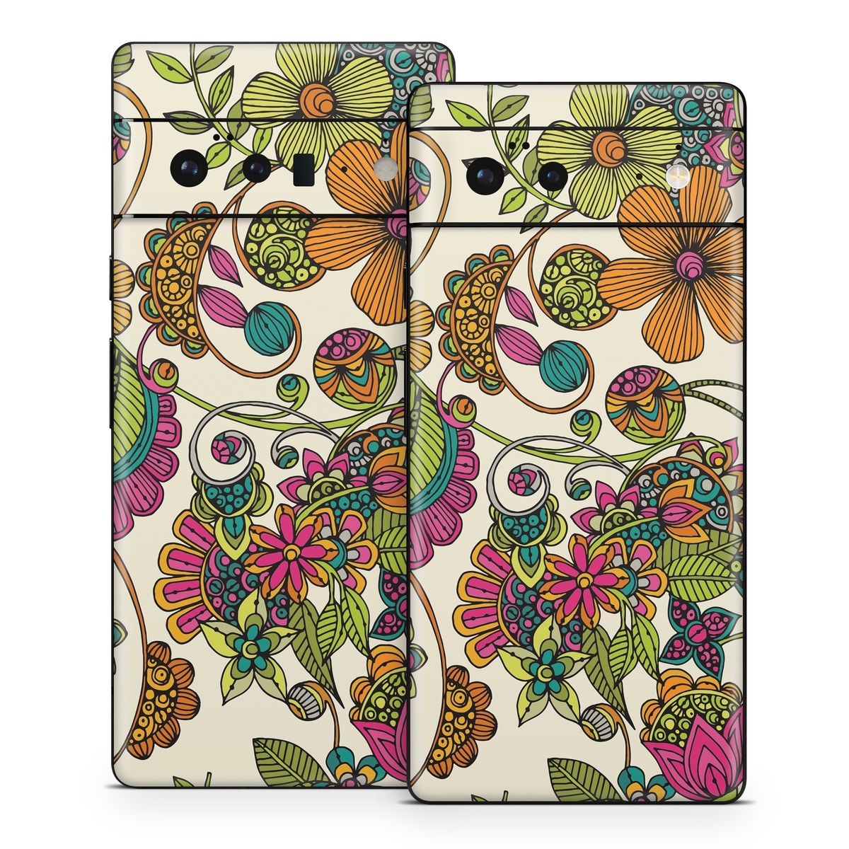 Google Pixel 6 Series Skin design of Pattern, Floral design, Motif, Design, Visual arts, Botany, Pedicel, Flower, Plant, Textile, with green, pink, orange, blue colors