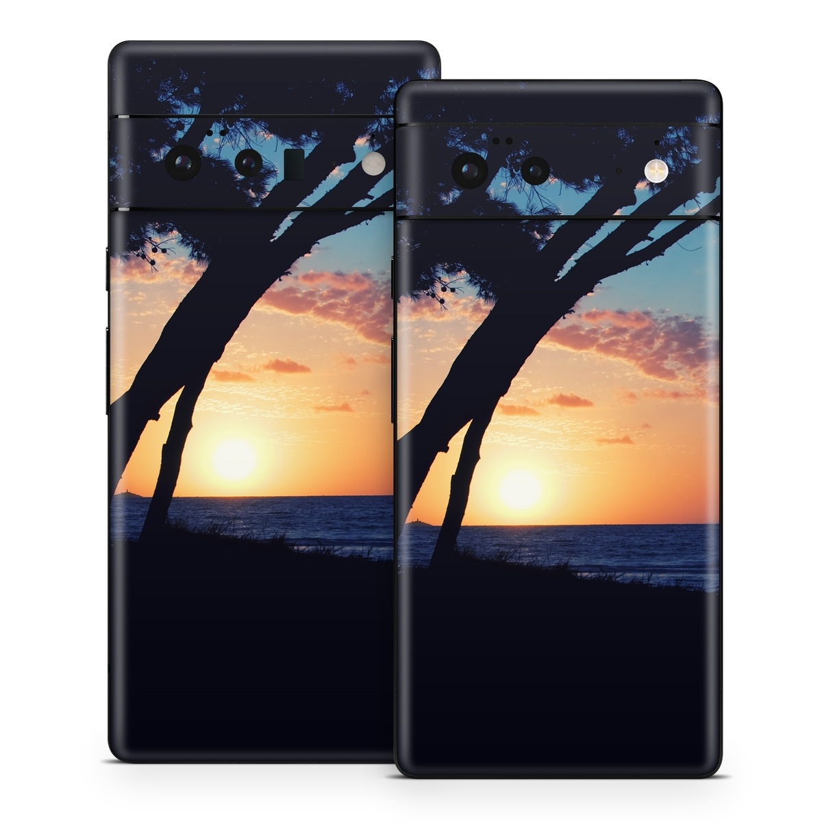 Google Pixel 6 Series Skin design of Sky, Horizon, Nature, Tree, Sunset, Sunrise, Ocean, Sea, Natural landscape, Afterglow, with black, gray, blue, green, red, pink colors