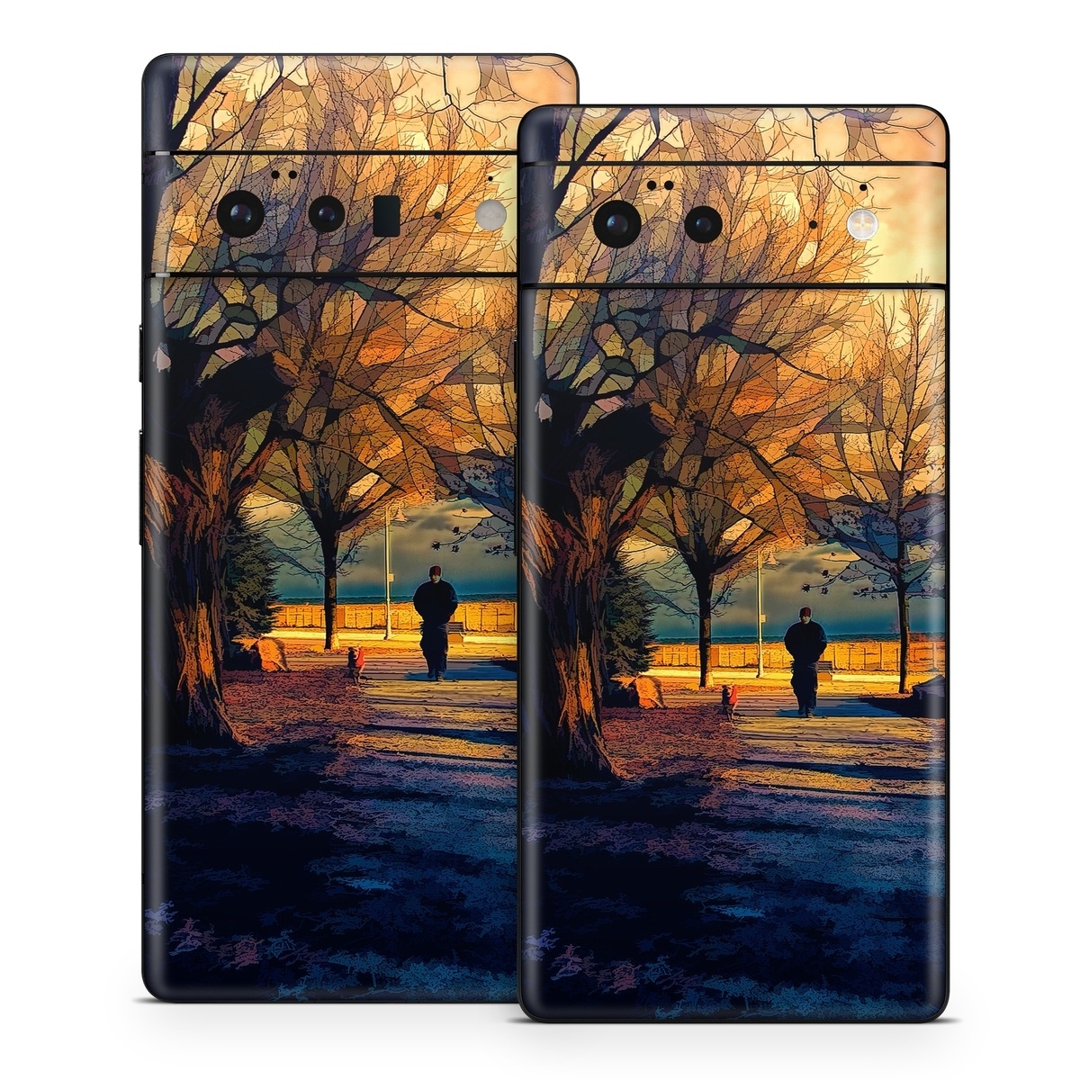 Google Pixel 6 Series Skin design of Sky, Nature, Natural landscape, Tree, Cloud, Sunset, Evening, Morning, Sunrise, Horizon, with black, brown, yellow, orange, blue colors