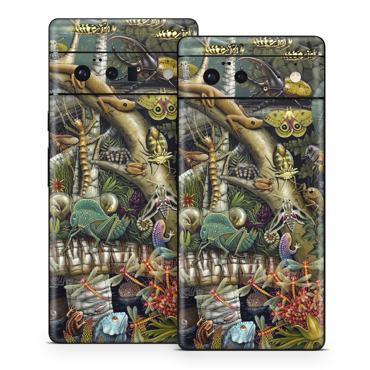 Google Pixel 6 Series Skin design of Strategy video game, Mythology, Art, Games, Plant, Painting, Adventure game, Jungle, Fictional character, Nepenthes, with green, brown, red, yellow, gray, blue, white colors