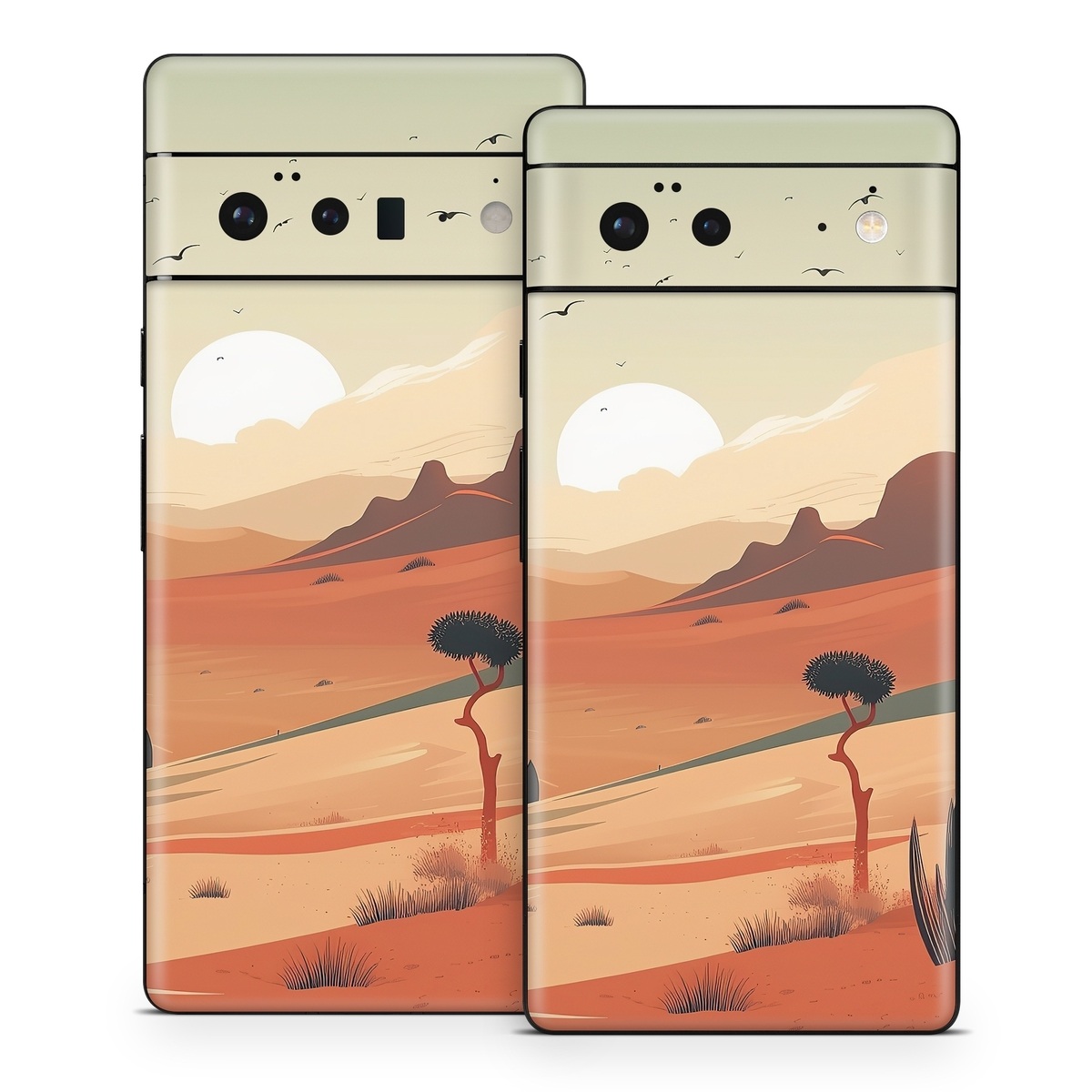 Google Pixel 6 Series Skin design of Sky, Bird, Ecoregion, Light, Nature, Cloud, Natural environment, Moon, Natural landscape, Biome, with orange, yellow, brown, green, white, black colors