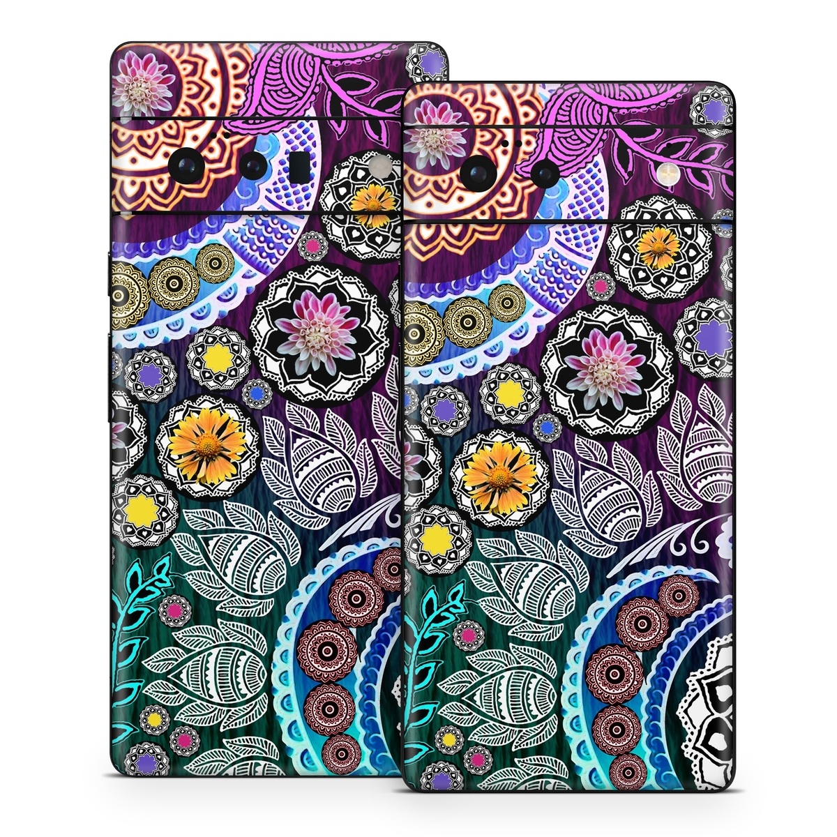 Google Pixel 6 Series Skin design of Pattern, Psychedelic art, Art, Visual arts, Design, Floral design, Textile, Motif, Circle, Illustration, with black, gray, purple, blue, green, red colors