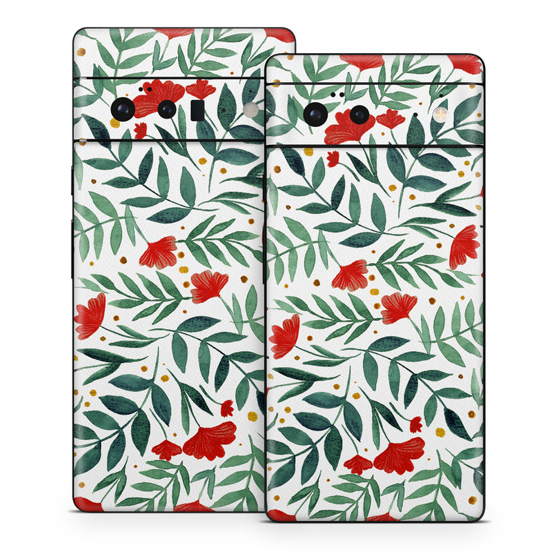 Google Pixel 6 Series Skin design of Flower, Plant, Textile, Line, Petal, Pattern, Flowering plant, Pedicel, Creative arts, Rectangle, with red, green, orange, white colors