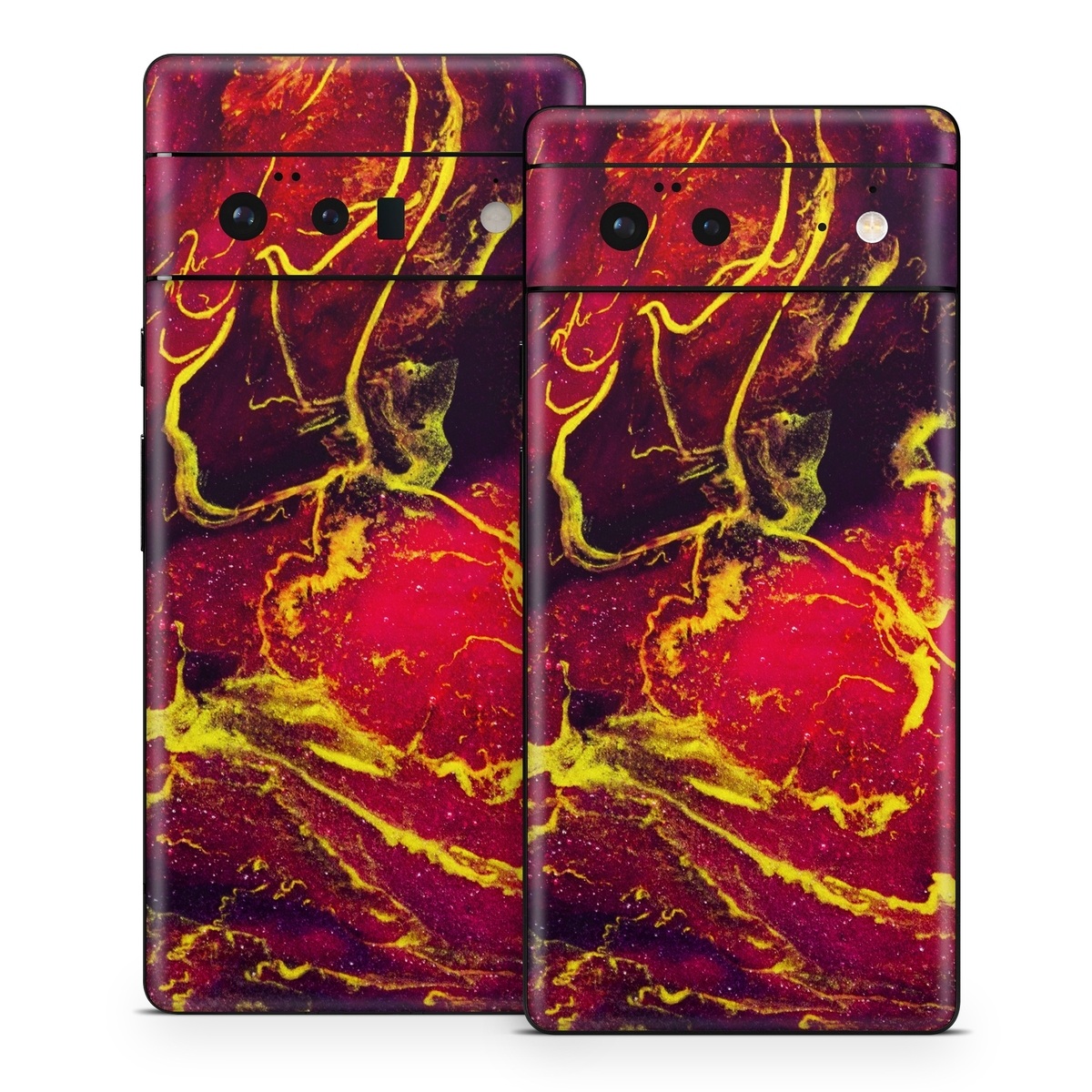 Google Pixel 6 Series Skin design of Red, Purple, Geological phenomenon, Pattern, Fractal art, Art, Fictional character, Graphics, with red, yellow, black colors
