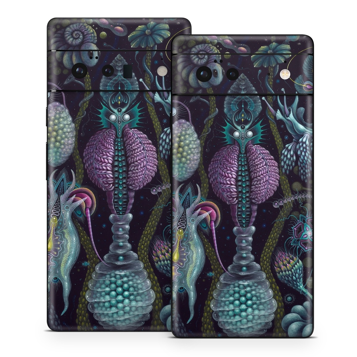 Google Pixel 6 Series Skin design of Organism, Pattern, Art, Illustration, Fractal art, Psychedelic art, Design, Visual arts, Plant, Modern art, with black, green, purple, pink, yellow, blue colors