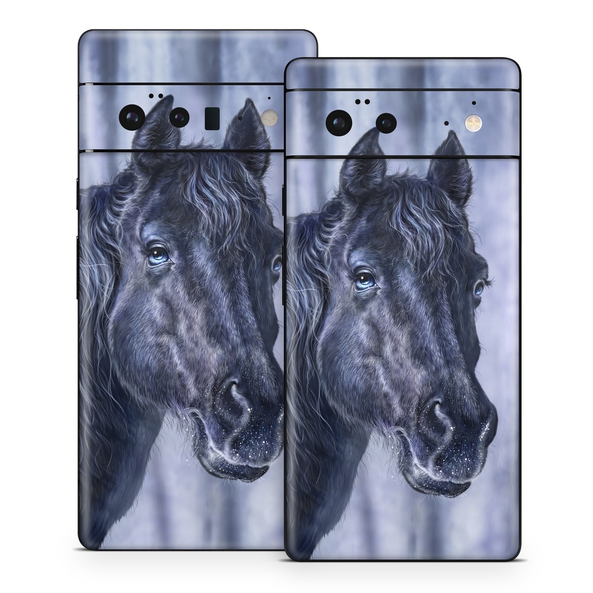 Google Pixel 6 Series Skin design of Horse, Mammal, Vertebrate, Hair, Mane, Stallion, Snout, Mare, Mustang horse, Livestock, with black, white, blue colors