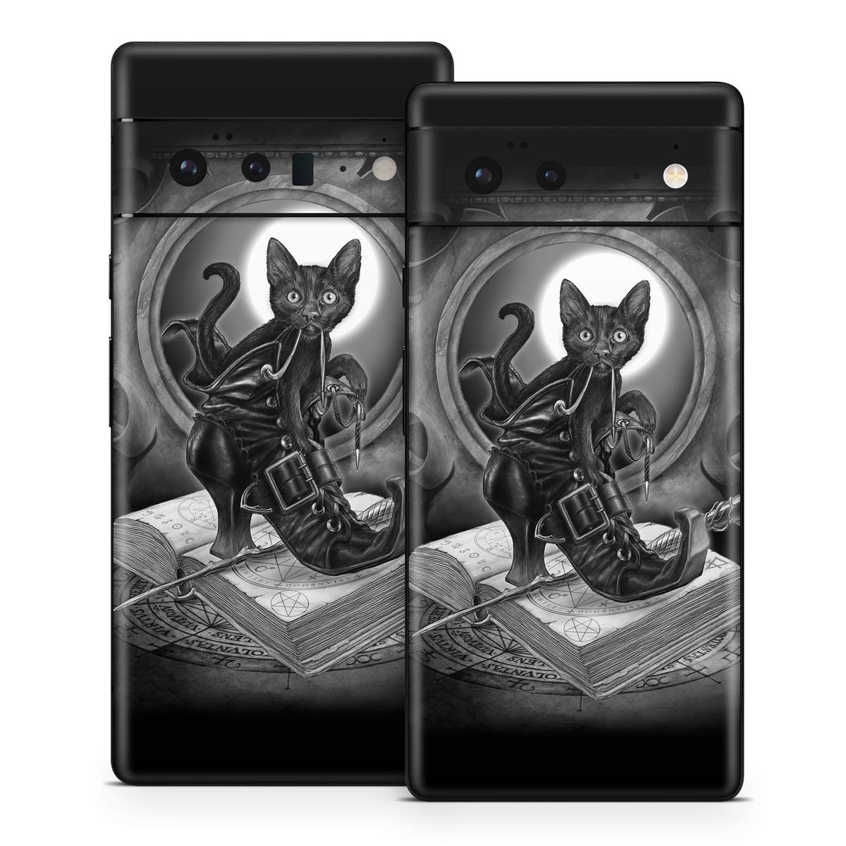 Google Pixel 6 Series Skin design of Cat, Boot, Book, Wand, Shoelace, Mirror, with black, white, gray colors