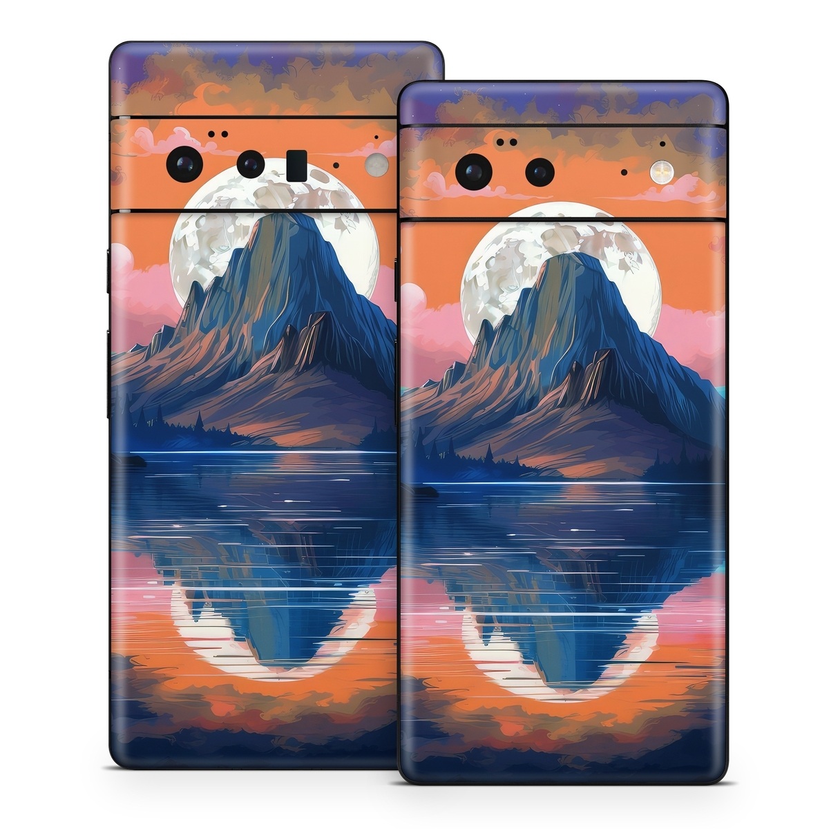 Google Pixel 6 Series Skin design of Water, Sky, Cloud, Daytime, World, Mountain, Natural Landscape,  Azure, Paint, Plant, Tree, with black, blue, red, yellow, orange, pink, purple colors