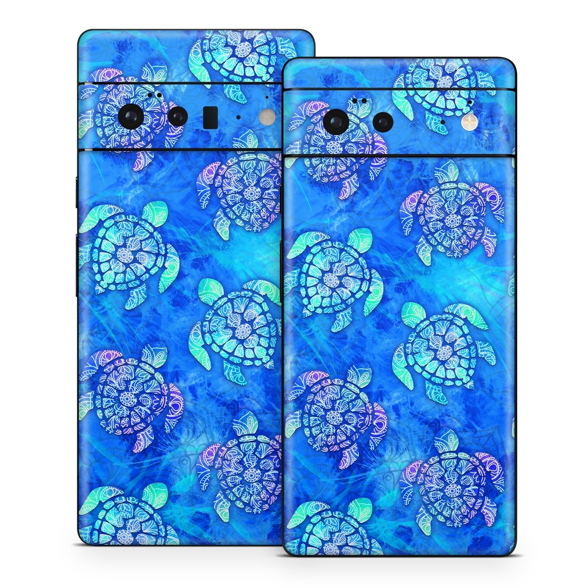 Google Pixel 6 Series Skin design of Blue, Pattern, Organism, Design, Sea turtle, Plant, Electric blue, Hydrangea, Flower, Symmetry, with blue, green, purple colors