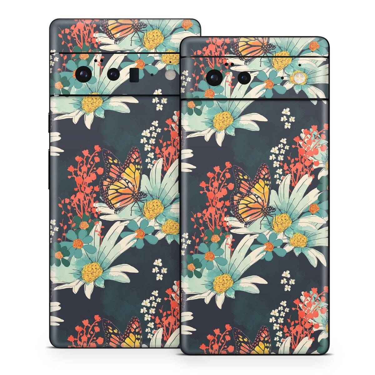 Google Pixel 6 Series Skin design of Floral design, Pattern, Flower, Floristry, Textile, Botany, Plant, Visual arts, Design, Flower Arranging, with black, gray, green, red, blue, pink colors