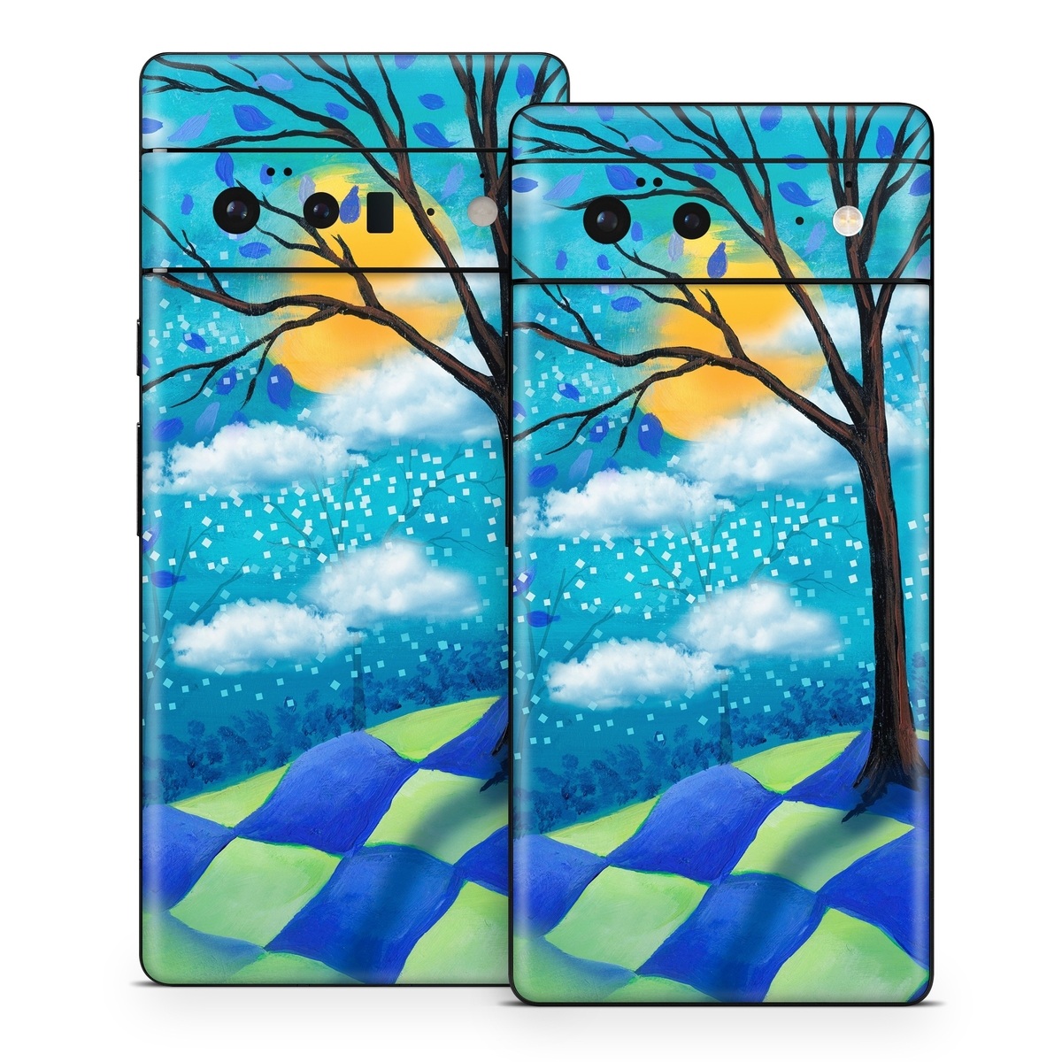 Google Pixel 6 Series Skin design of Natural landscape, Nature, Blue, Tree, Sky, Branch, Spring, Woody plant, Plant, Leaf, with blue, gray, black, purple, green colors