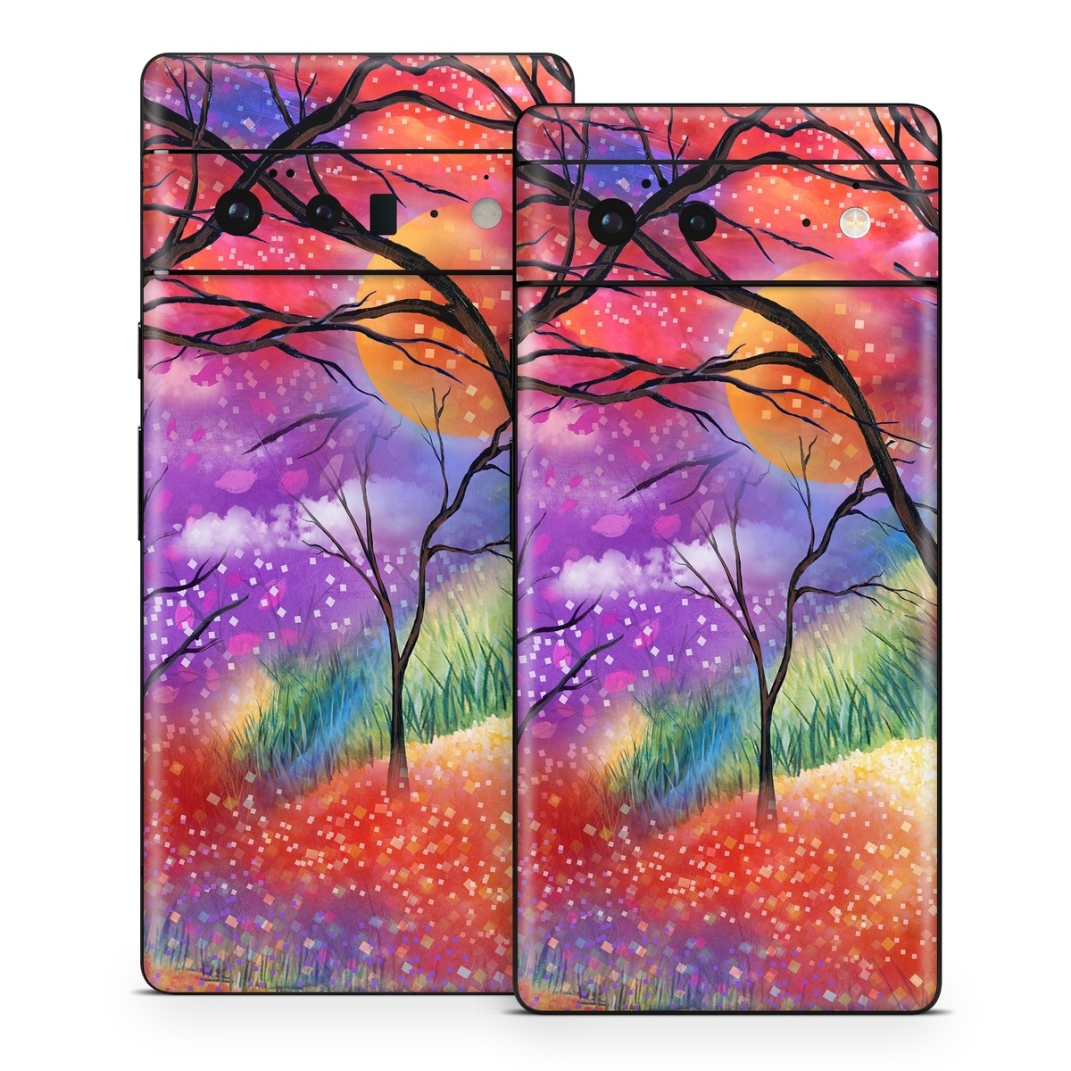 Google Pixel 6 Series Skin design of Nature, Tree, Natural landscape, Painting, Watercolor paint, Branch, Acrylic paint, Purple, Modern art, Leaf, with red, purple, black, gray, green, blue colors
