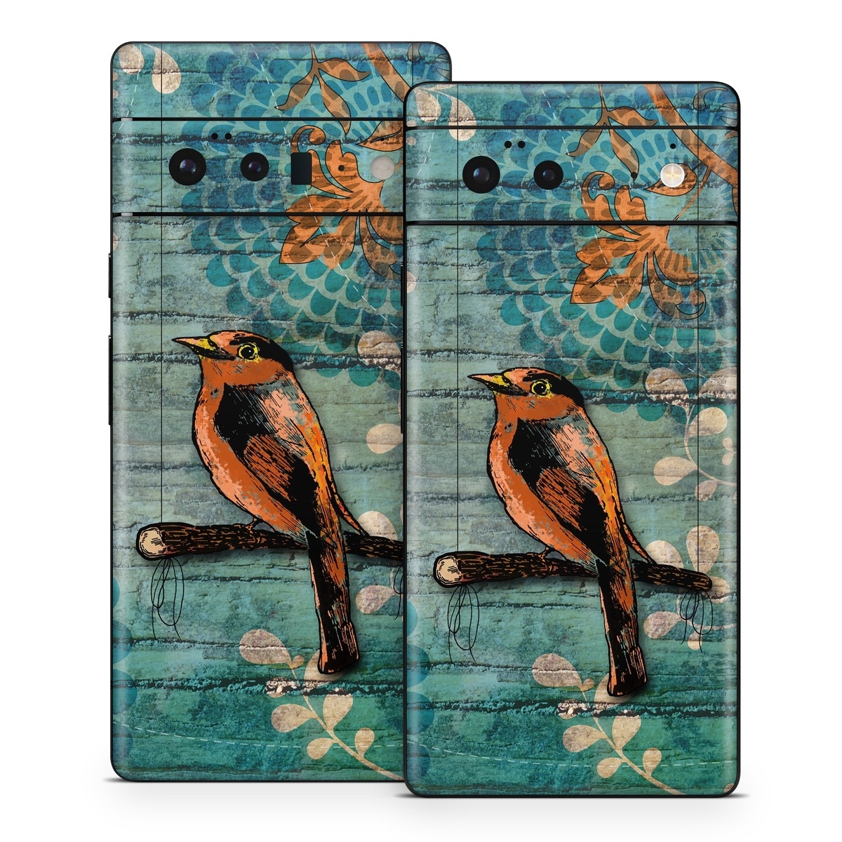 Google Pixel 6 Series Skin design of Bird, Turquoise, Painting, Art, Coraciiformes, Branch, Beak, Wildlife, Perching bird, Illustration, with black, blue, gray, green, red colors