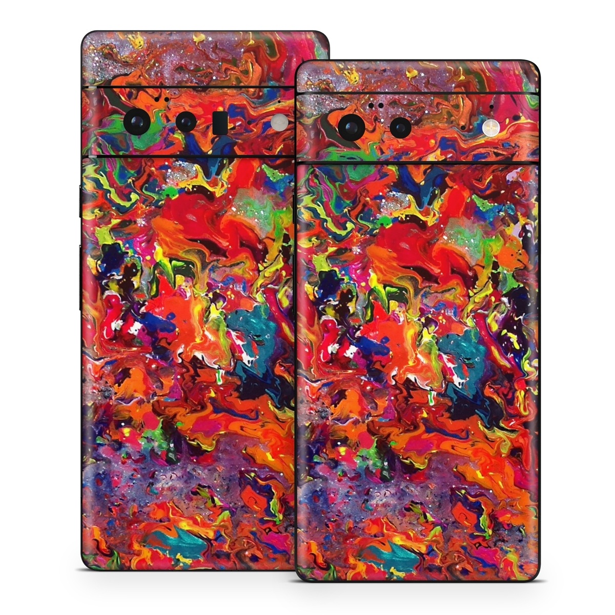 Google Pixel 6 Series Skin design of Colorfulness, Modern art, Acrylic paint, Painting, Visual arts, Art, Psychedelic art, Textile, Pattern, Paint, with red, yellow, green, orange, yellow colors