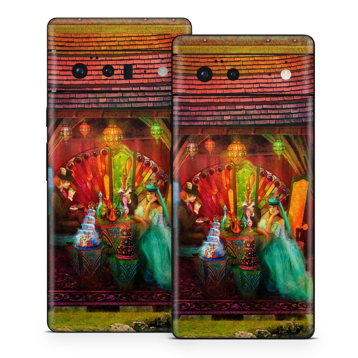 Google Pixel 6 Series Skin design of Hindu temple, Temple, Art, Painting, Place of worship, Stage, Fictional character, with black, red, green, blue, gray colors
