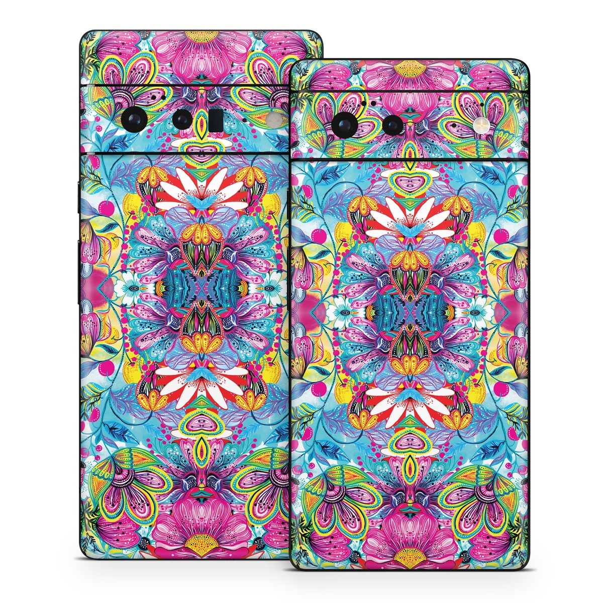 Google Pixel 6 Series Skin design of Pattern, Psychedelic art, Design, Textile, Visual arts, Art, Magenta, Motif, Symmetry, Paisley, with pink, blue, purple, yellow, orange, green, red colors