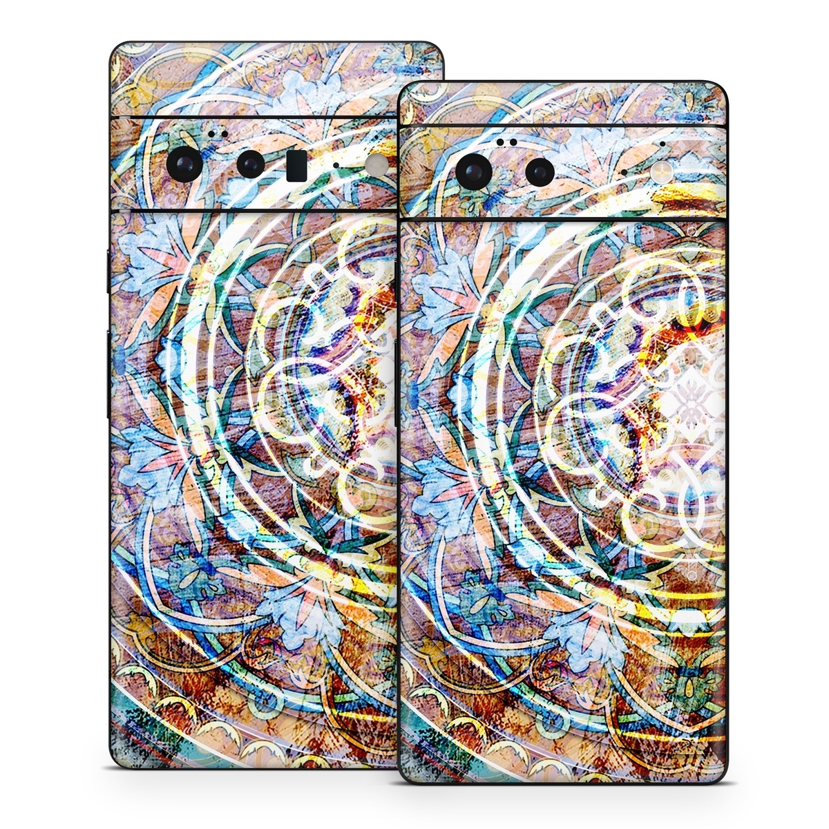 Google Pixel 6 Series Skin design of Circle, Ceramic, Tableware, with yellow, red, orange, white, blue, green, gray colors