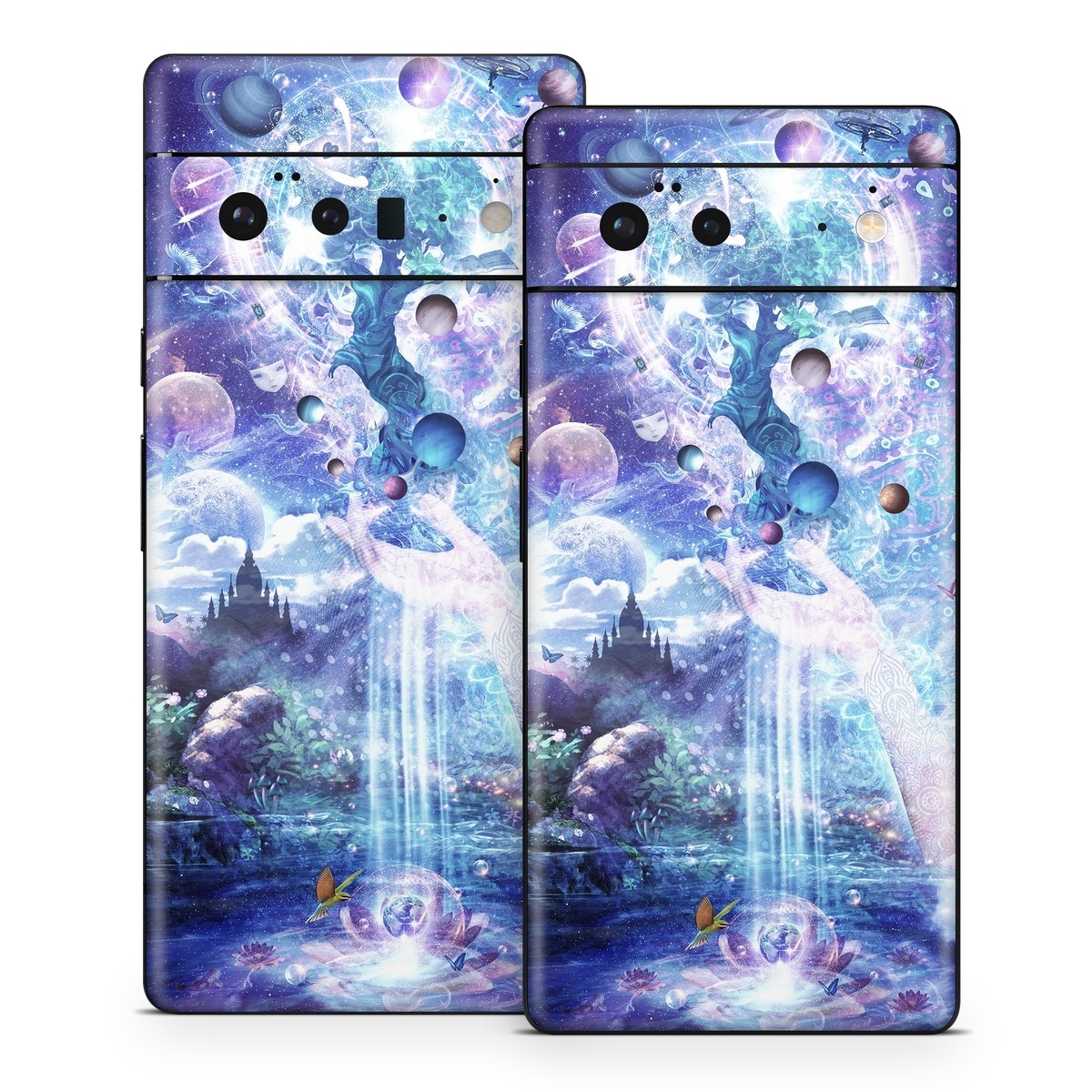 Google Pixel 6 Series Skin design of Bird, Butterfly, Planets, Deer, Space, Purple, World, Astronomical Object, Cg Artwork, Illustration, Universe, Painting, Fictional Character, Outer Space, Astronomy, Science, Water Feature, Graphic Design, Graphics, Star, Mythology, with blue, purple, white, black, gray, green colors