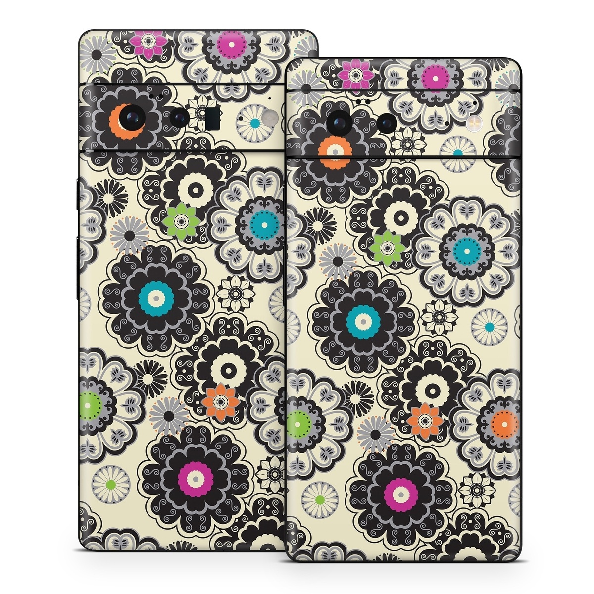 Google Pixel 6 Series Skin design of Pattern, Circle, Design, Visual arts, Floral design, Textile, Psychedelic art, Art, Plant, with gray, black, pink, green, purple colors