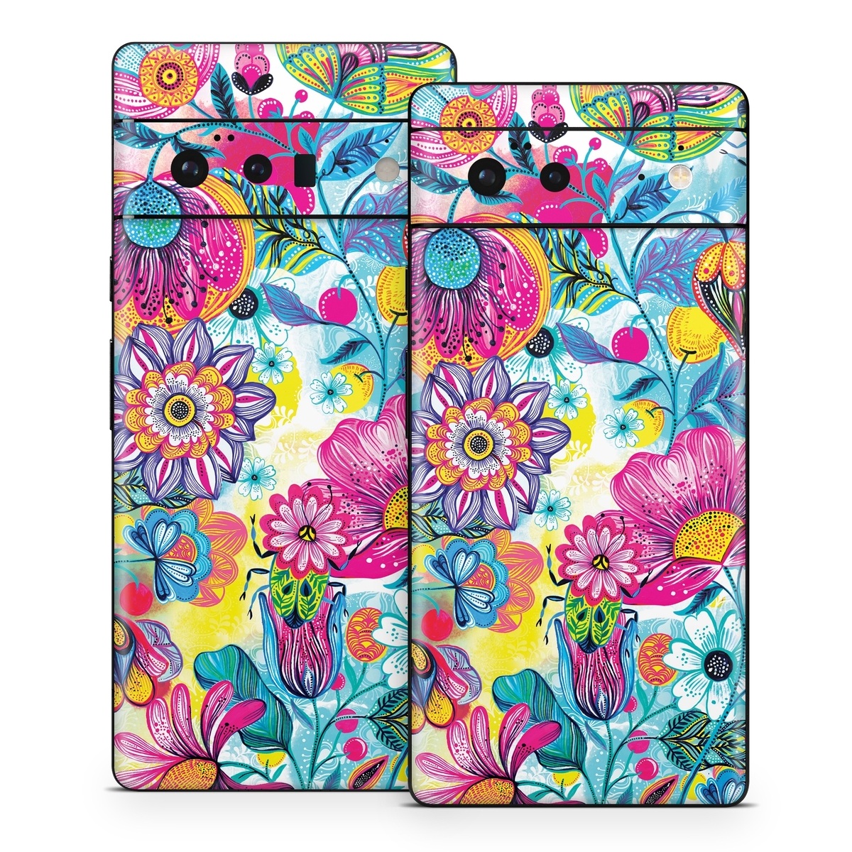 Google Pixel 6 Series Skin design of Pattern, Floral design, Textile, Design, Flower, Wildflower, Visual arts, Plant, Wrapping paper, with blue, pink, purple, green, yellow, orange, white colors