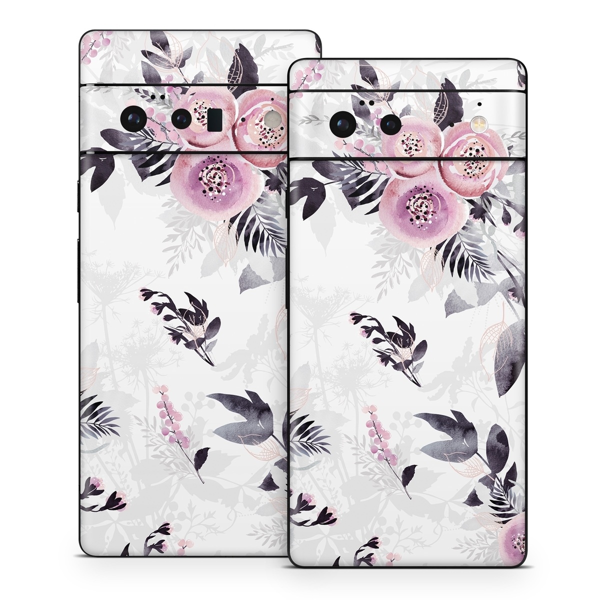 Google Pixel 6 Series Skin design of Pink, Pattern, Design, Floral design, Textile, Plant, Flower, Magenta, Petal, Wallpaper, with white, purple, pink, black, gray colors