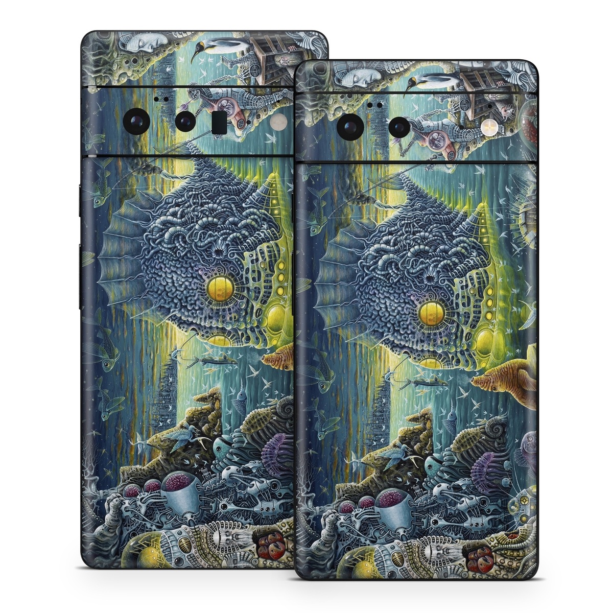 Google Pixel 6 Series Skin design of Organism, Water, Illustration, Art, Painting, Cg artwork, Fiction, Fictional character, Marine biology, Mythology, with black, gray, blue, green colors