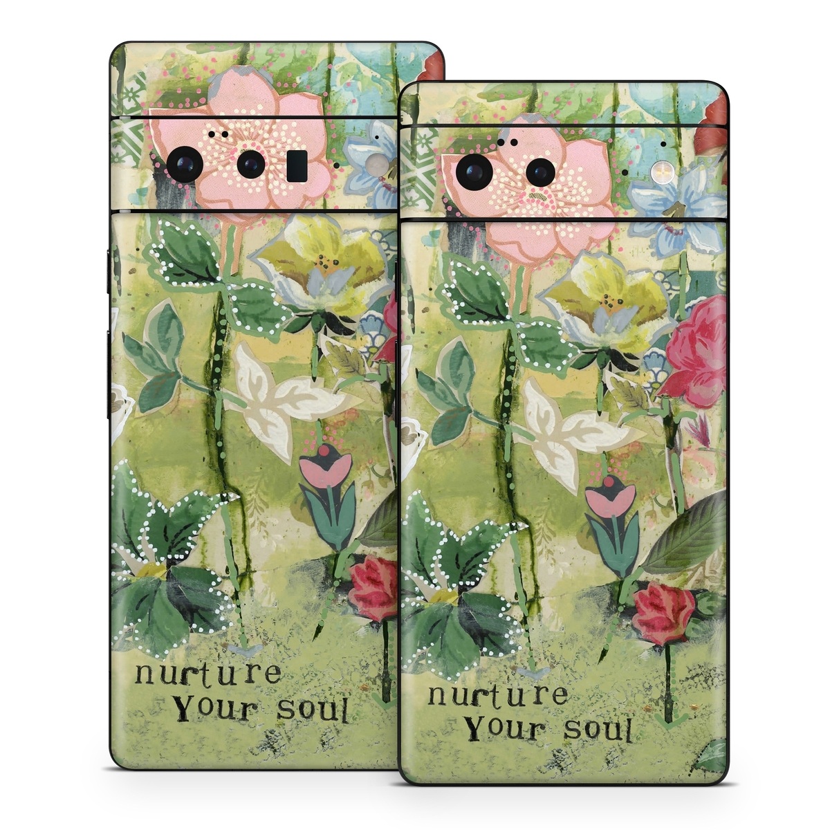 Google Pixel 6 Series Skin design of Flower, Plant, Botany, Pink, Wildflower, Flowering plant, Watercolor paint, Petal, Floral design, Pattern, with green, pink, red, blue, white, black colors