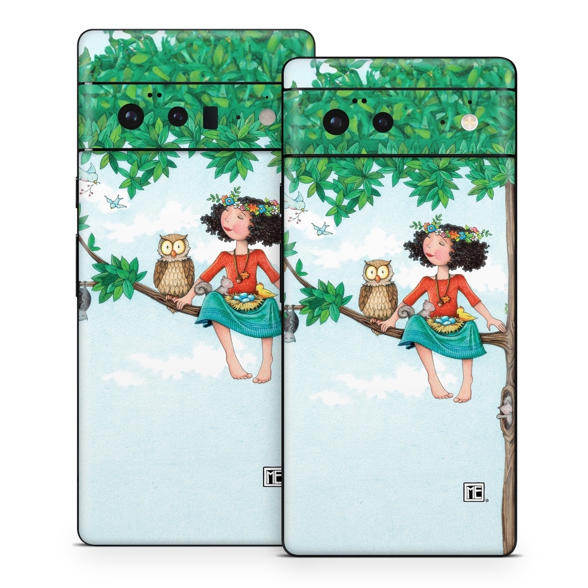 Google Pixel 6 Series Skin design of Cartoon, Illustration, Branch, Bird, Owl, Tree, Art, Plant, Clip art, Fictional character, with blue, gray, red, black, white, green colors