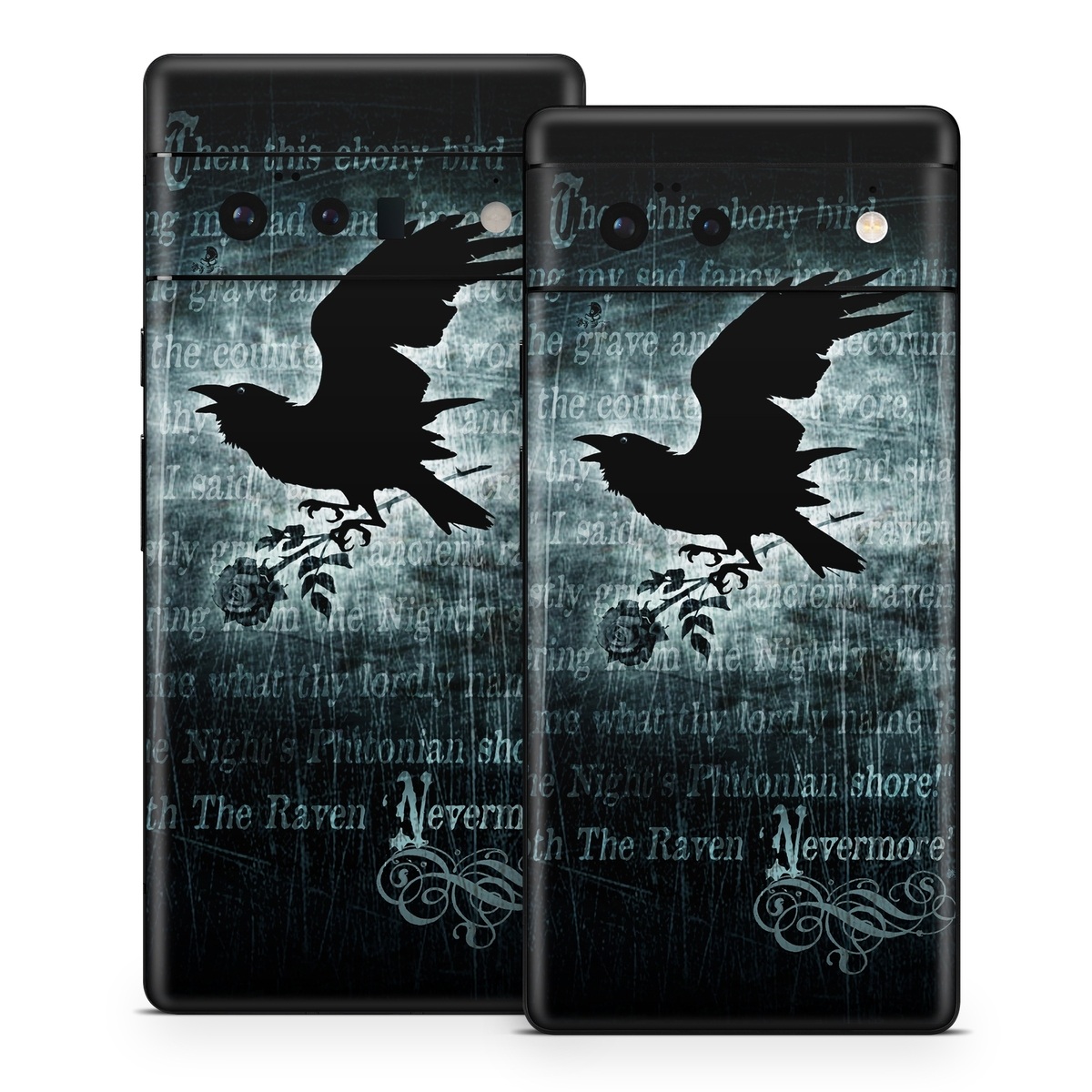 Google Pixel 6 Series Skin design of Bird, Text, Wing, Graphic design, Darkness, Font, Illustration, Graphics, with black, white, blue colors